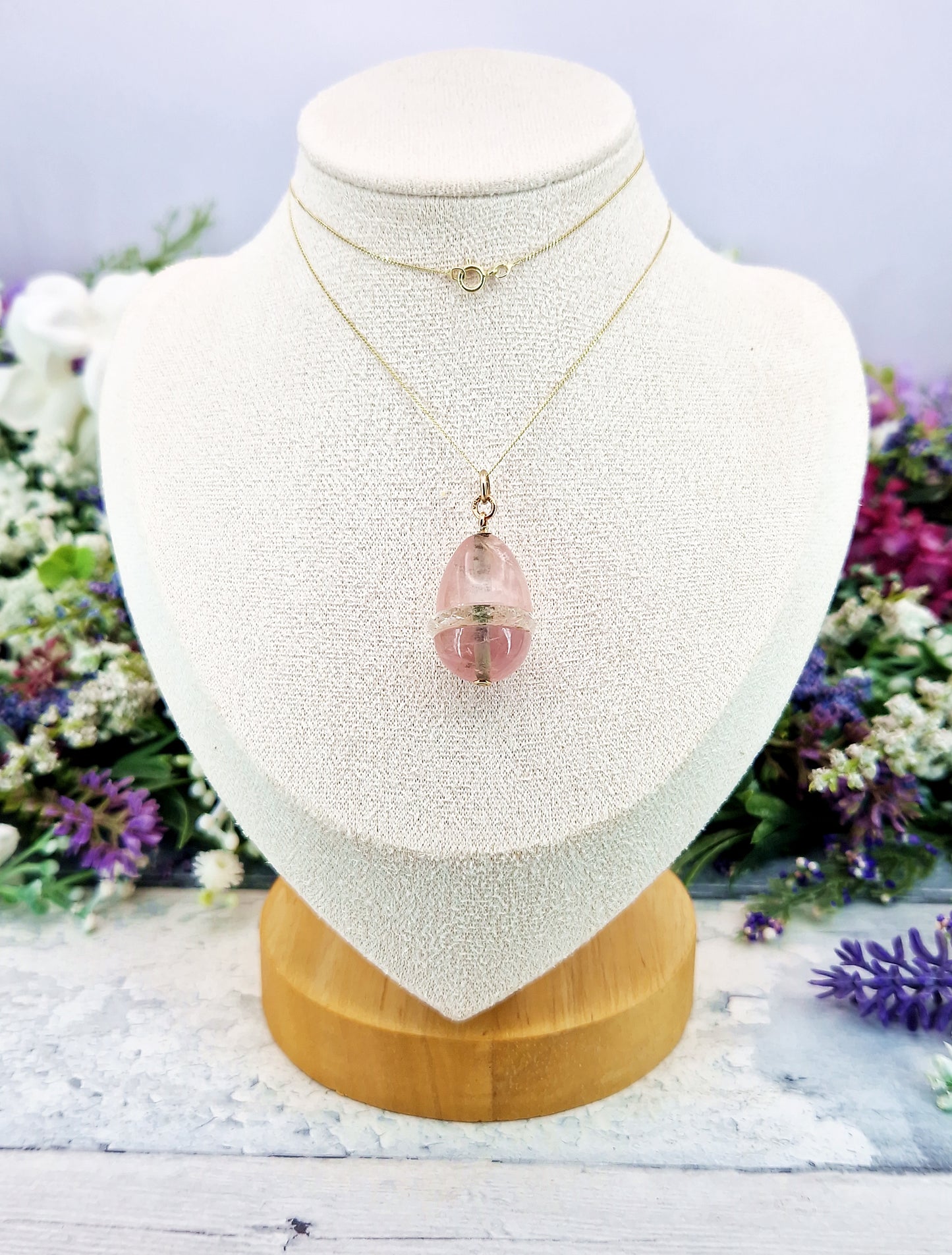 Antique Art Nouveau 14ct Gold Rose Quartz and Rock Crystal Statement Egg Pendant