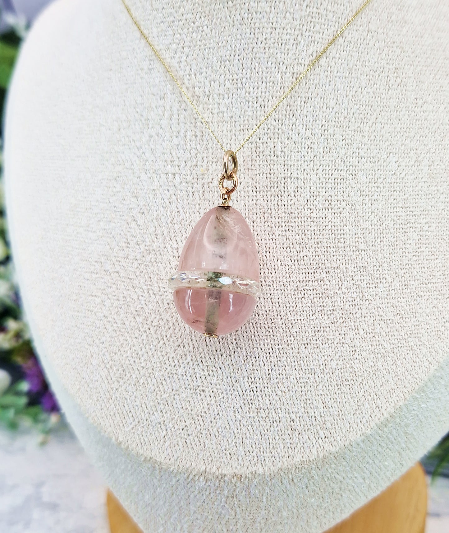 Antique Art Nouveau 14ct Gold Rose Quartz and Rock Crystal Statement Egg Pendant