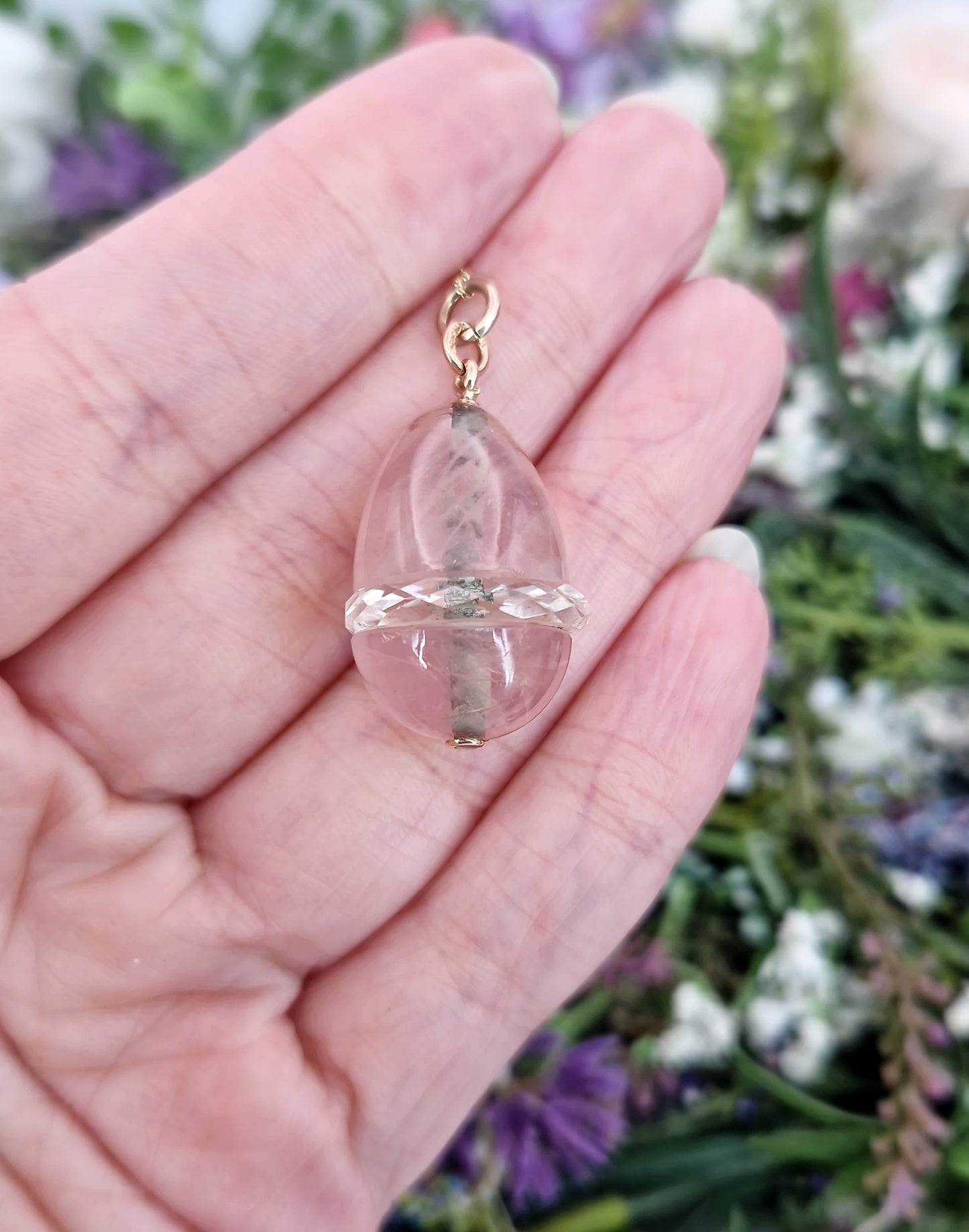 Antique Art Nouveau 14ct Gold Rose Quartz and Rock Crystal Statement Egg Pendant
