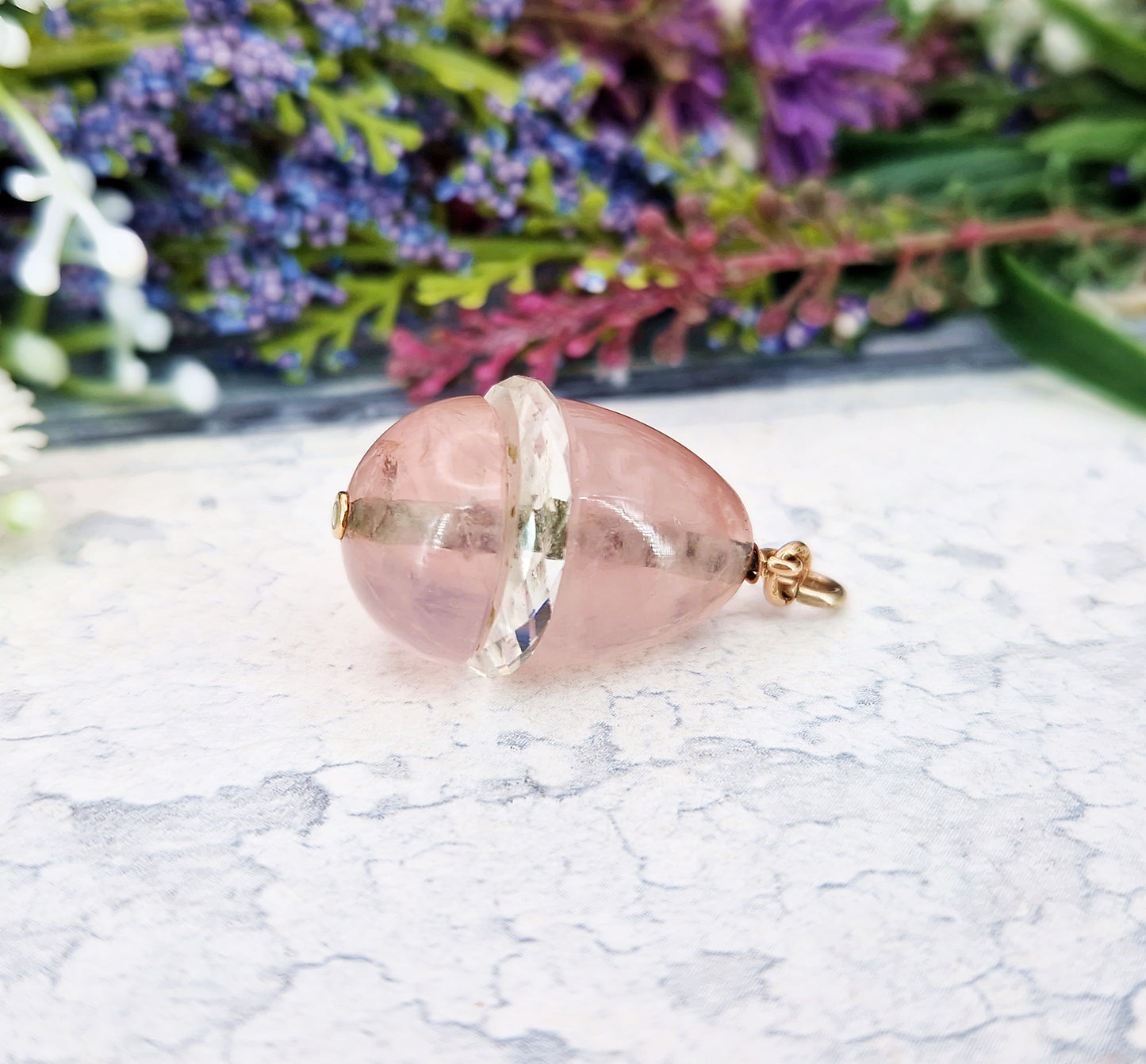 Antique Art Nouveau 14ct Gold Rose Quartz and Rock Crystal Statement Egg Pendant