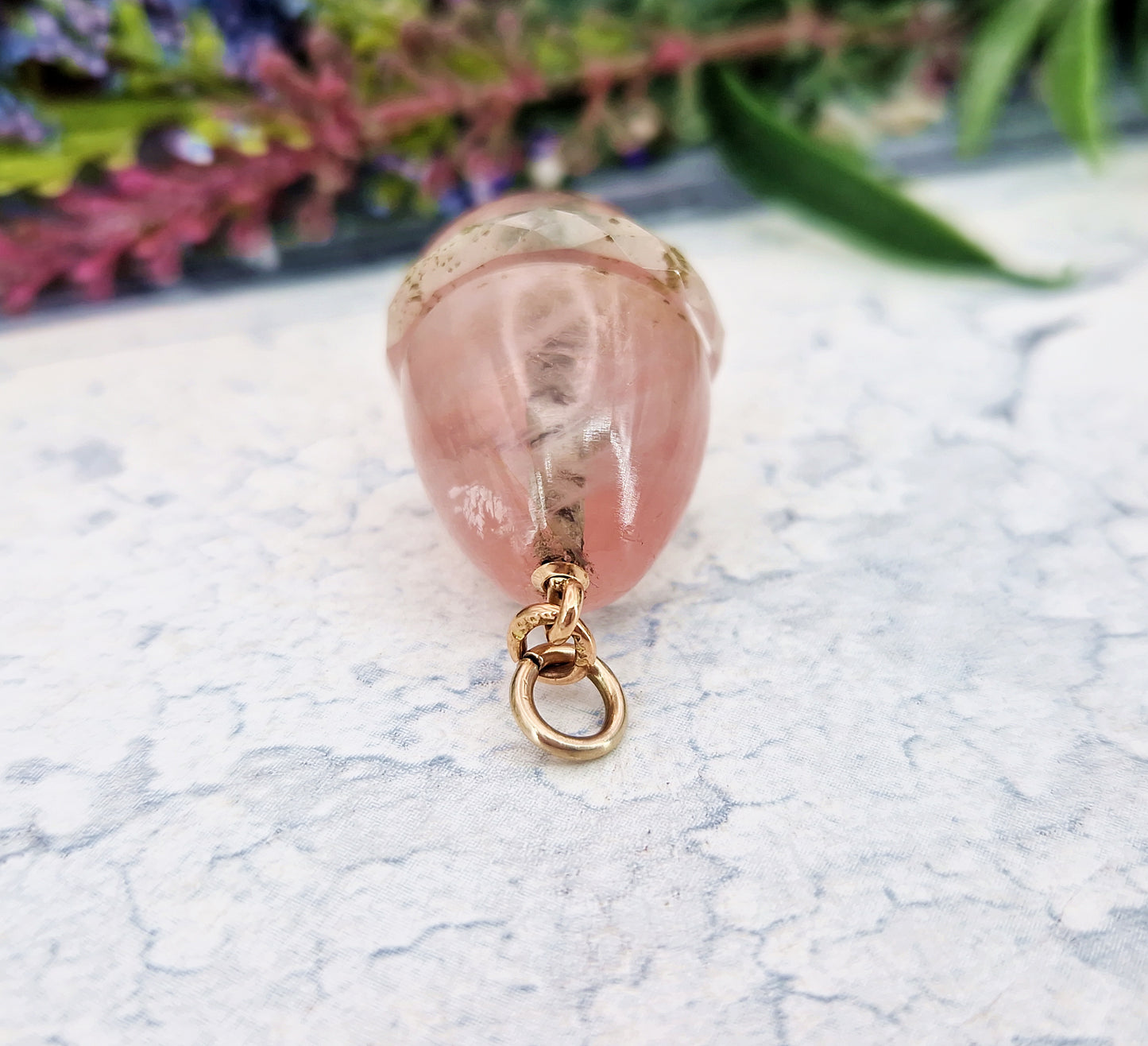 Antique Art Nouveau 14ct Gold Rose Quartz and Rock Crystal Statement Egg Pendant