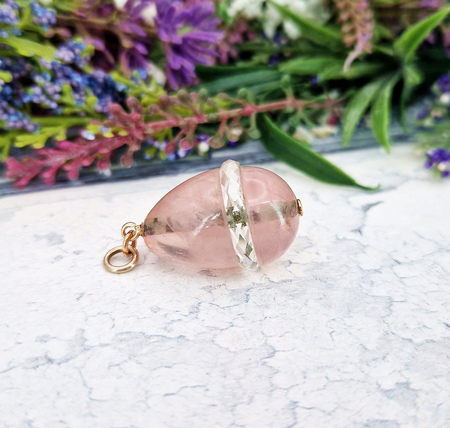 Antique Art Nouveau 14ct Gold Rose Quartz and Rock Crystal Statement Egg Pendant