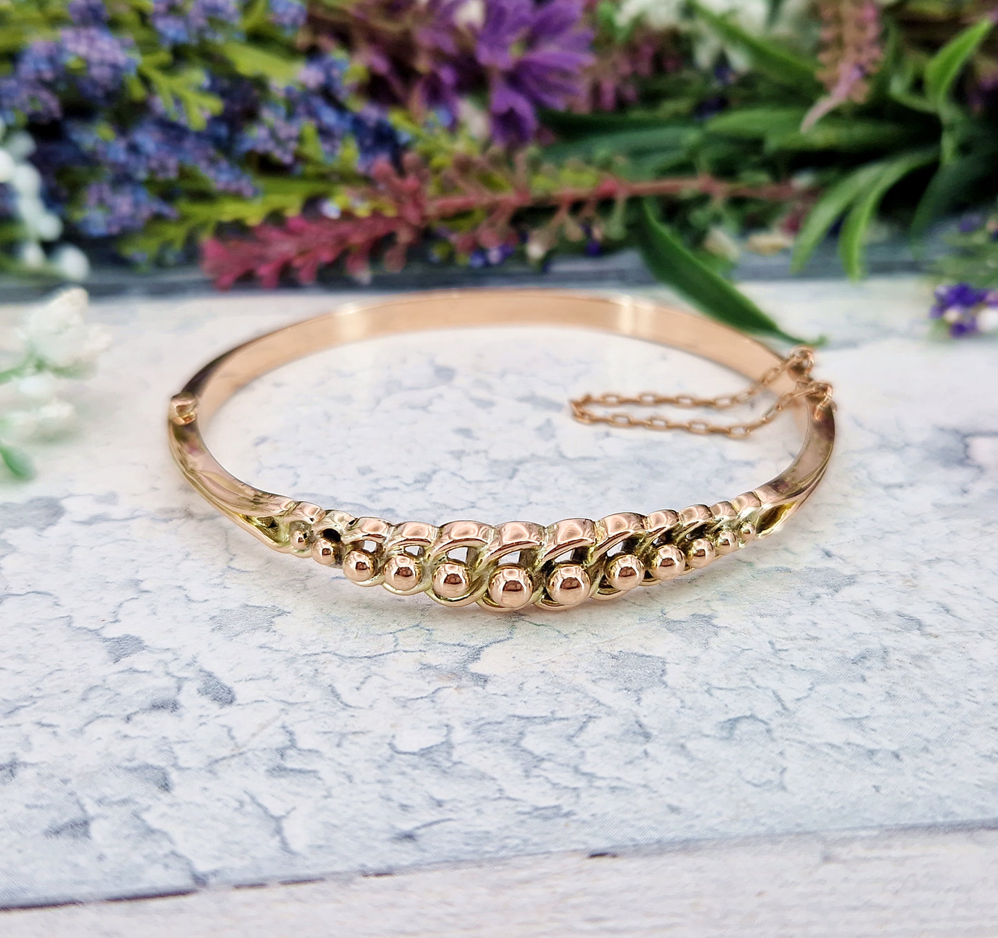 Antique Victorian 1894 9ct Gold Etruscan Revival Scrolled Beadwork Hinged Bangle Bracelet