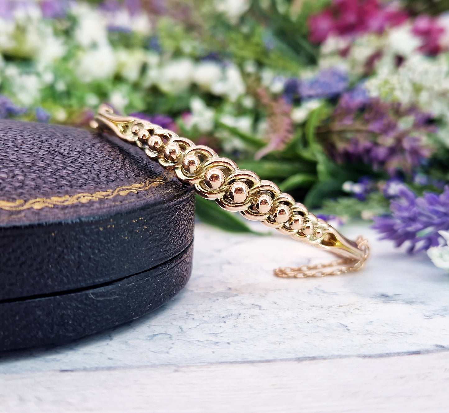 Antique Victorian 1894 9ct Gold Etruscan Revival Scrolled Beadwork Hinged Bangle Bracelet