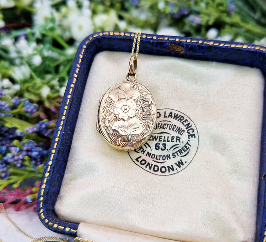 Antique Victorian 9ct Gold Small Engraved Oval Floral Locket Pendant