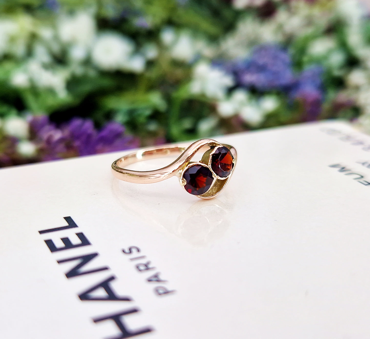 Antique Art Deco 9ct Rose Gold Double Garnet Toi et Moi Bypass Ring / Size L 1/2 or 6.25