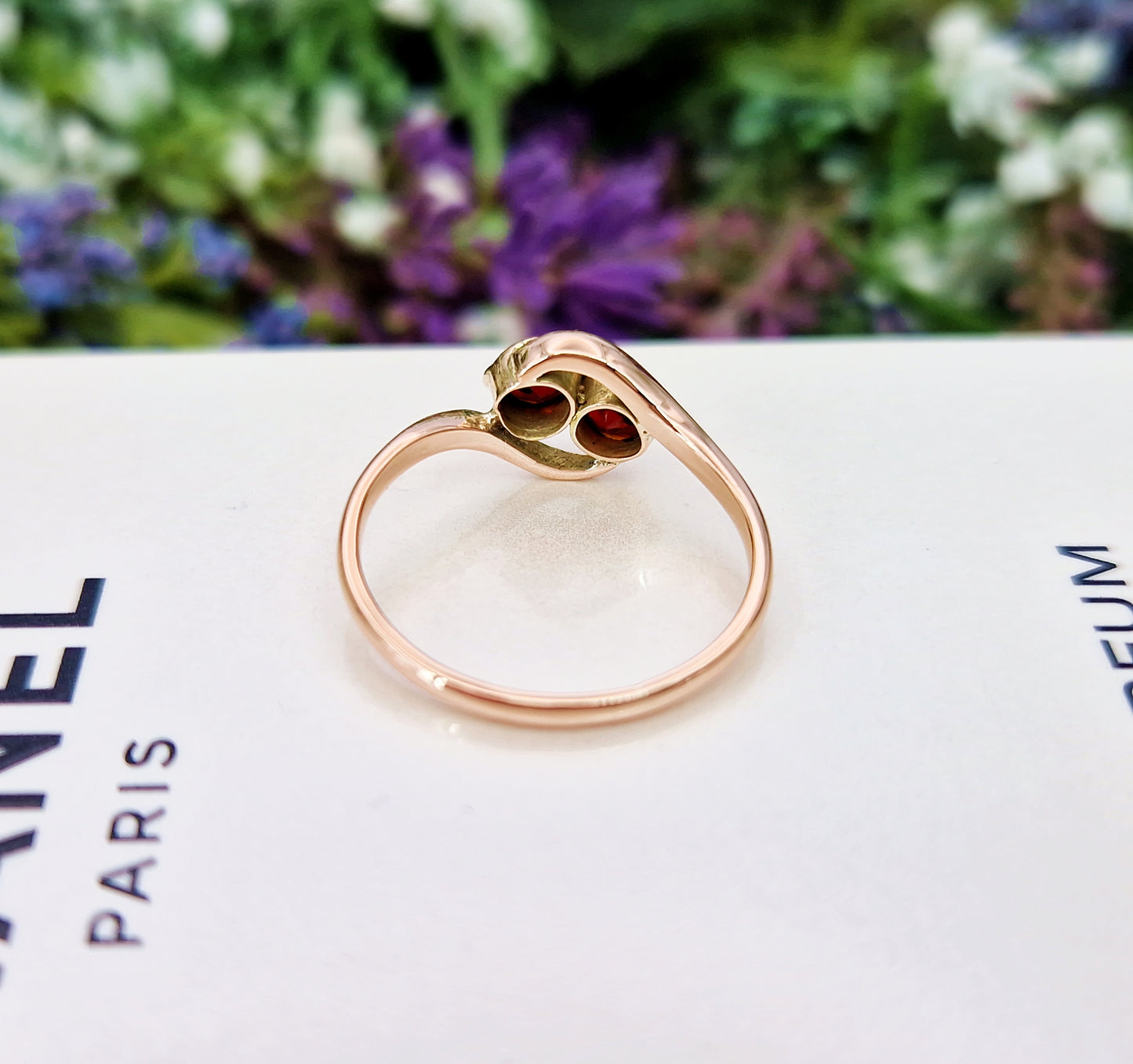 Antique Art Deco 9ct Rose Gold Double Garnet Toi et Moi Bypass Ring / Size L 1/2 or 6.25