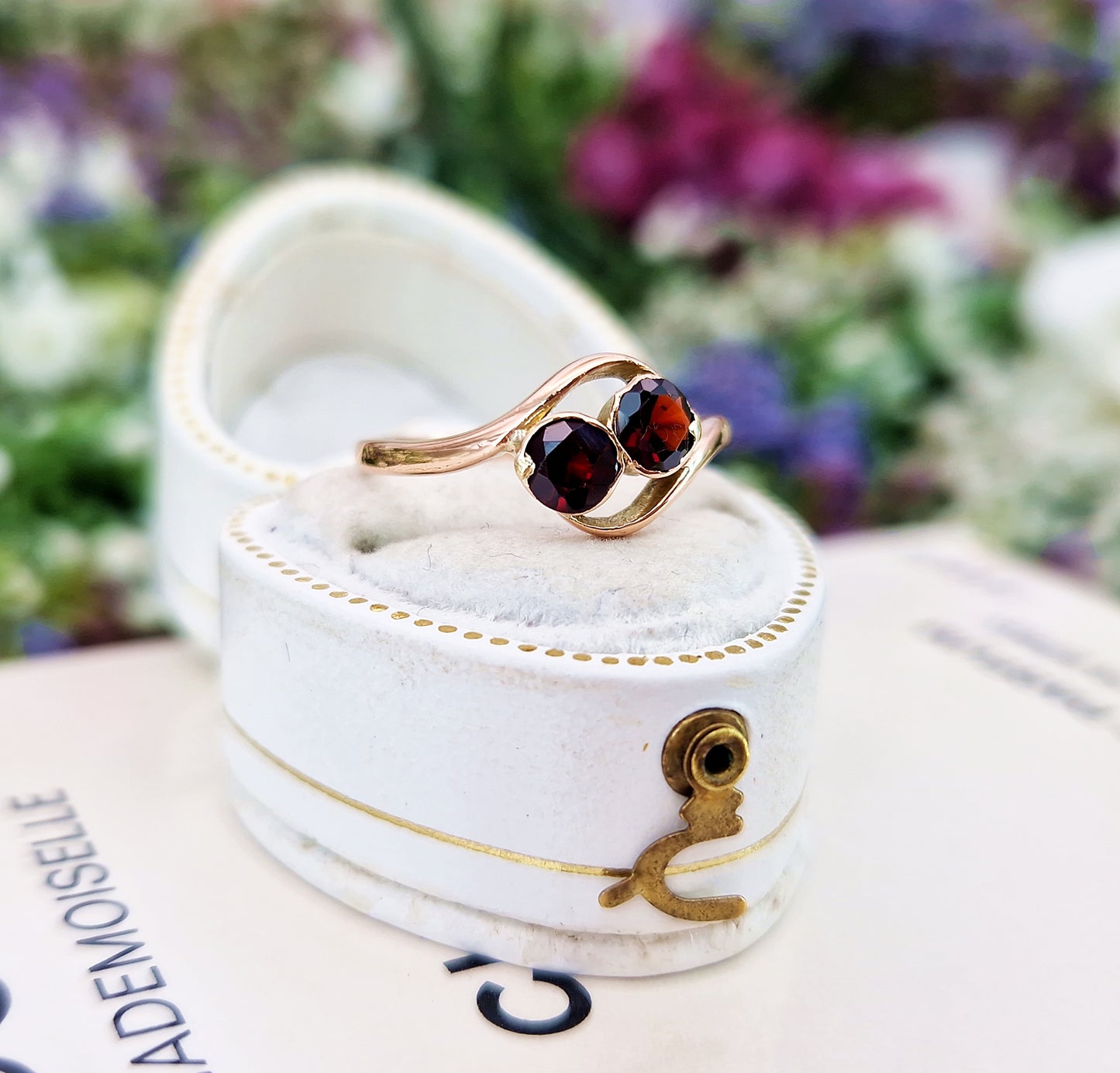 Antique Art Deco 9ct Rose Gold Double Garnet Toi et Moi Bypass Ring / Size L 1/2 or 6.25
