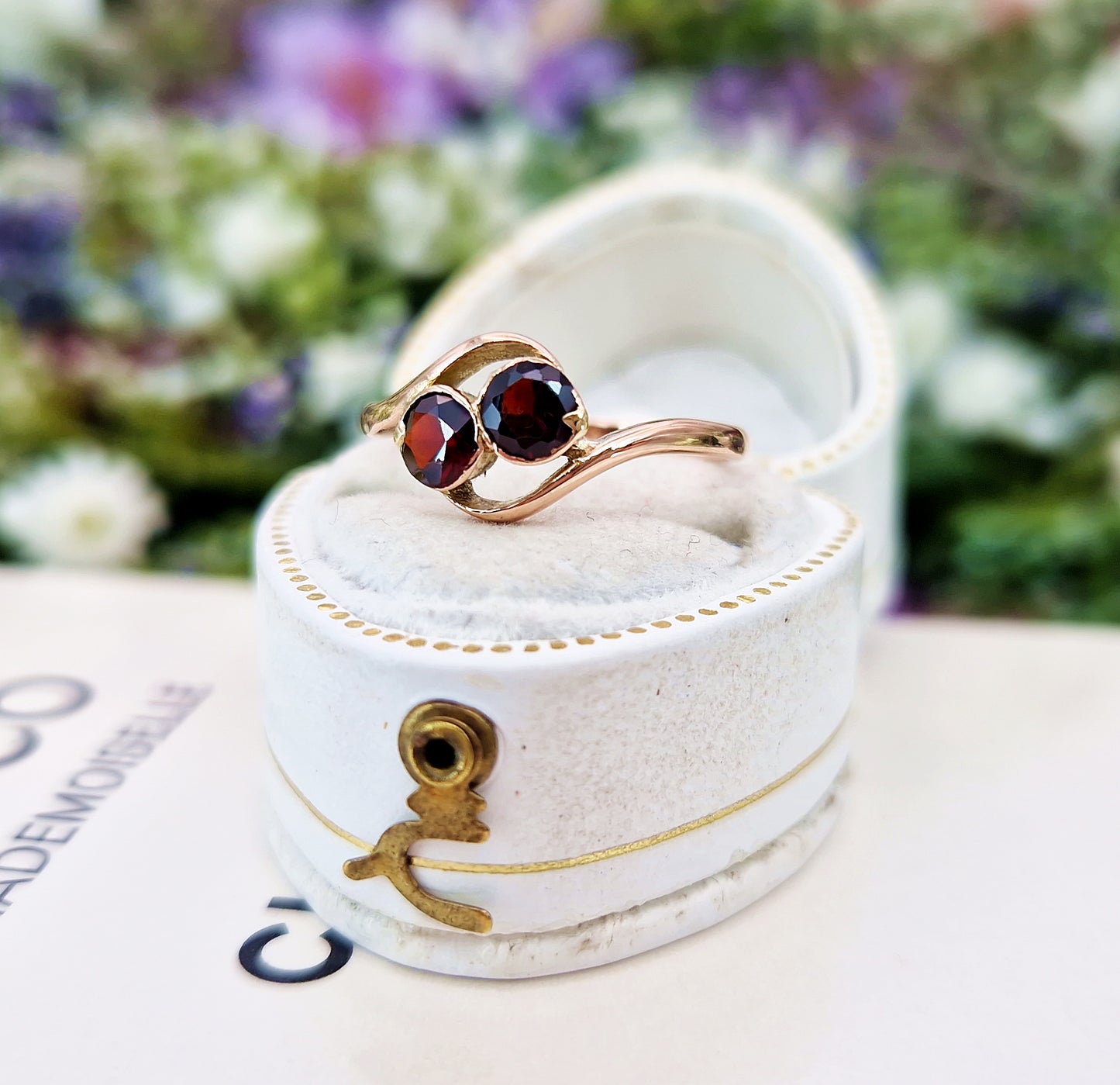 Antique Art Deco 9ct Rose Gold Double Garnet Toi et Moi Bypass Ring / Size L 1/2 or 6.25