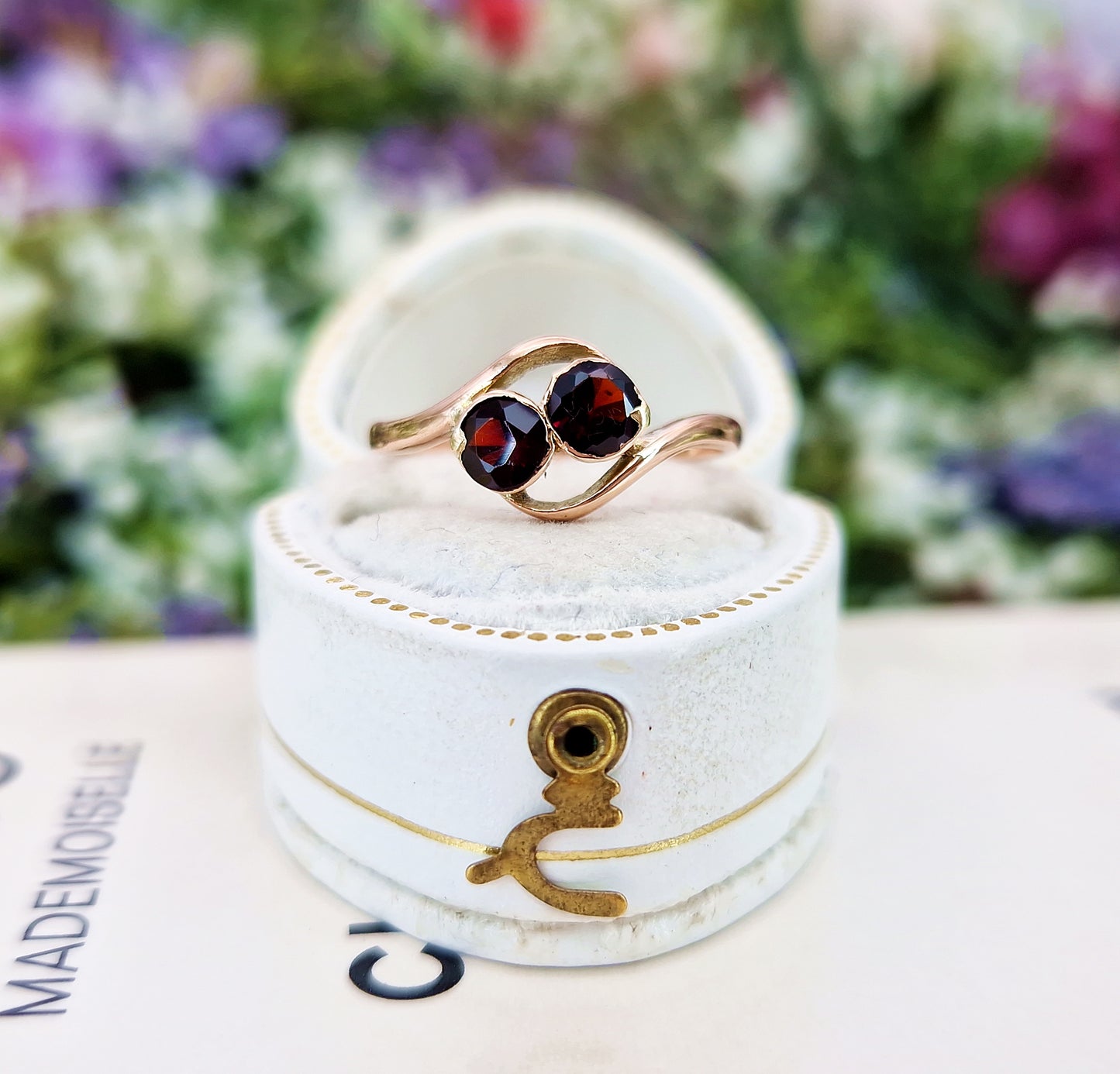 Antique Art Deco 9ct Rose Gold Double Garnet Toi et Moi Bypass Ring / Size L 1/2 or 6.25