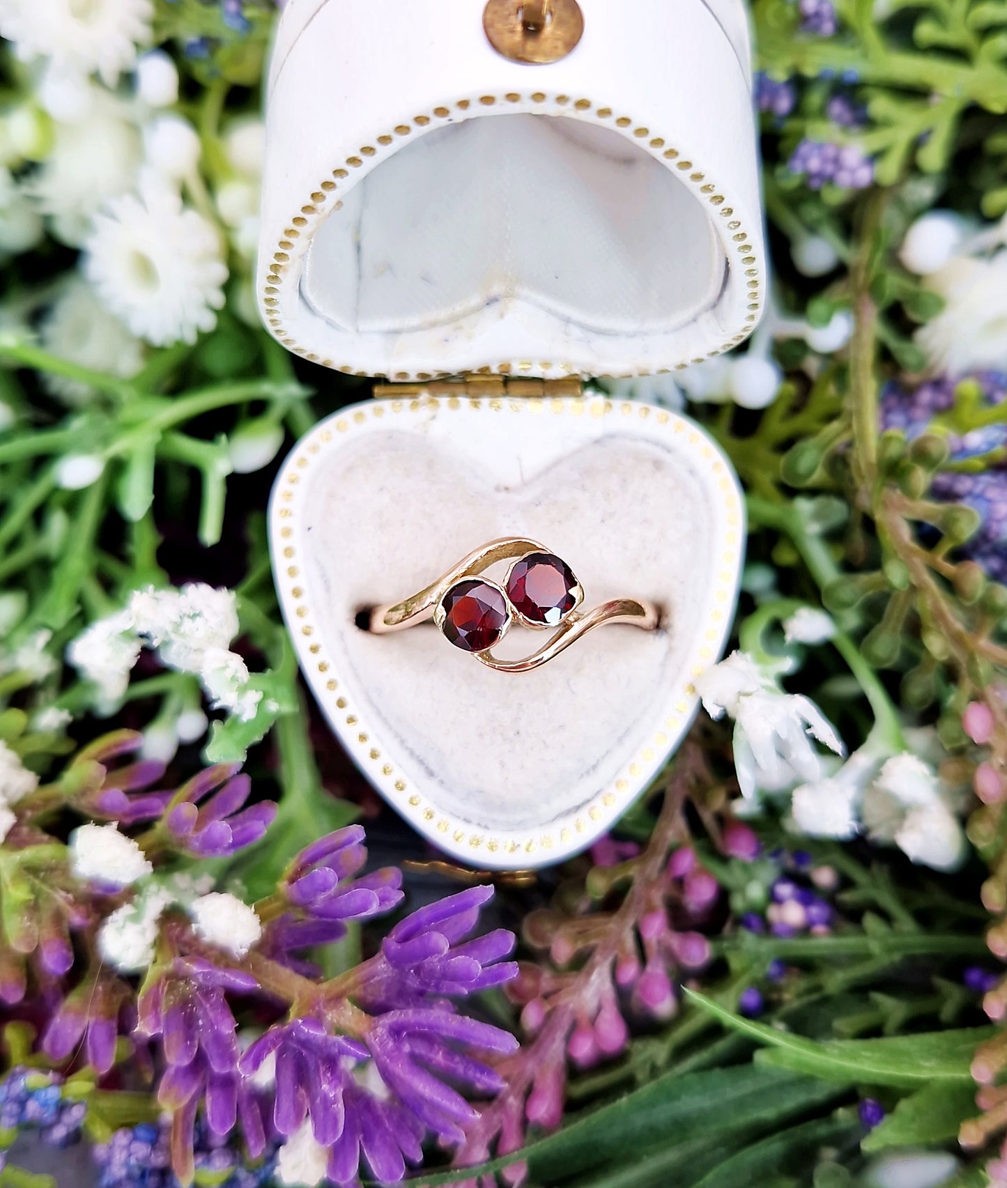 Antique Art Deco 9ct Rose Gold Double Garnet Toi et Moi Bypass Ring / Size L 1/2 or 6.25