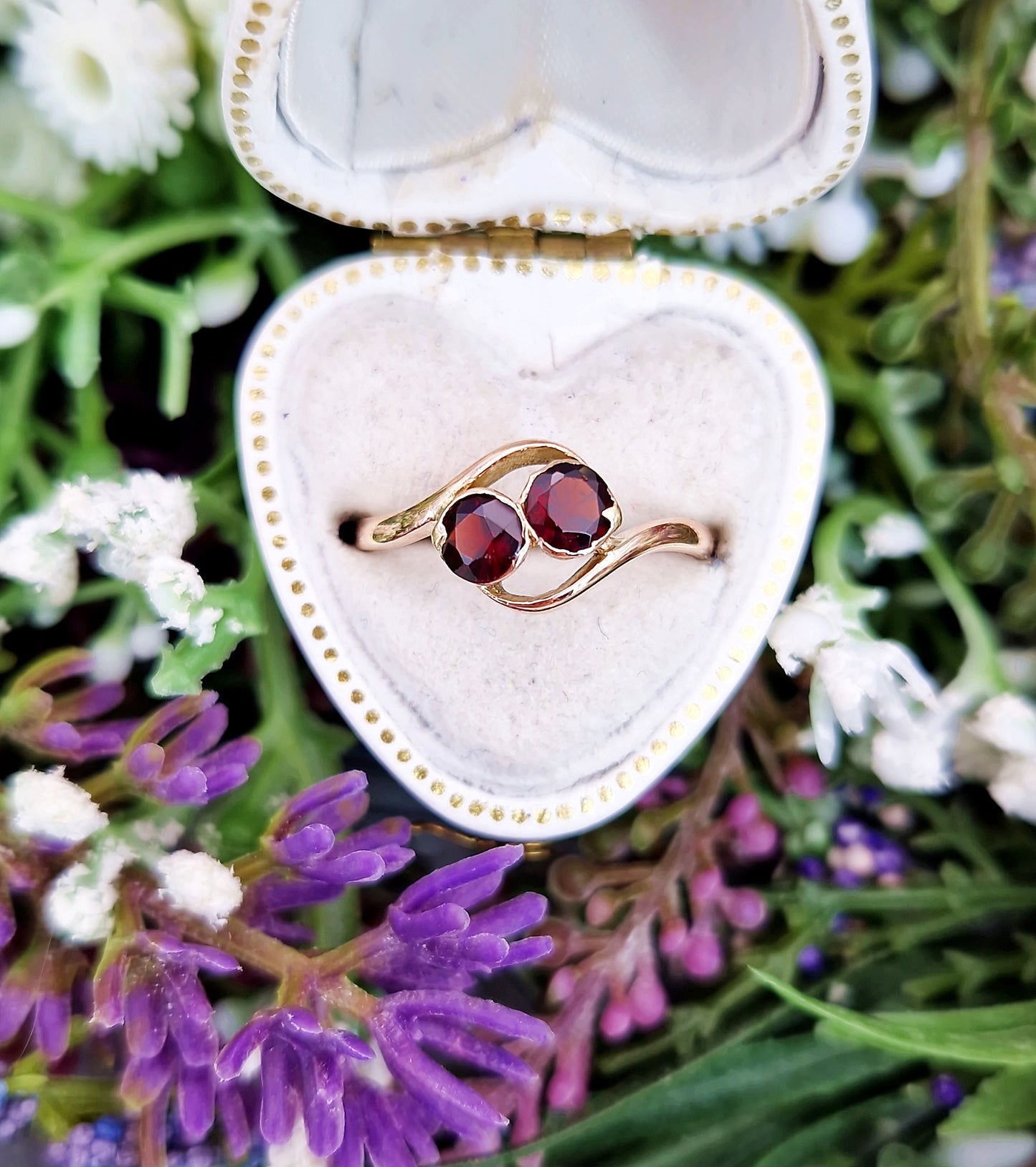 Antique Art Deco 9ct Rose Gold Double Garnet Toi et Moi Bypass Ring / Size L 1/2 or 6.25