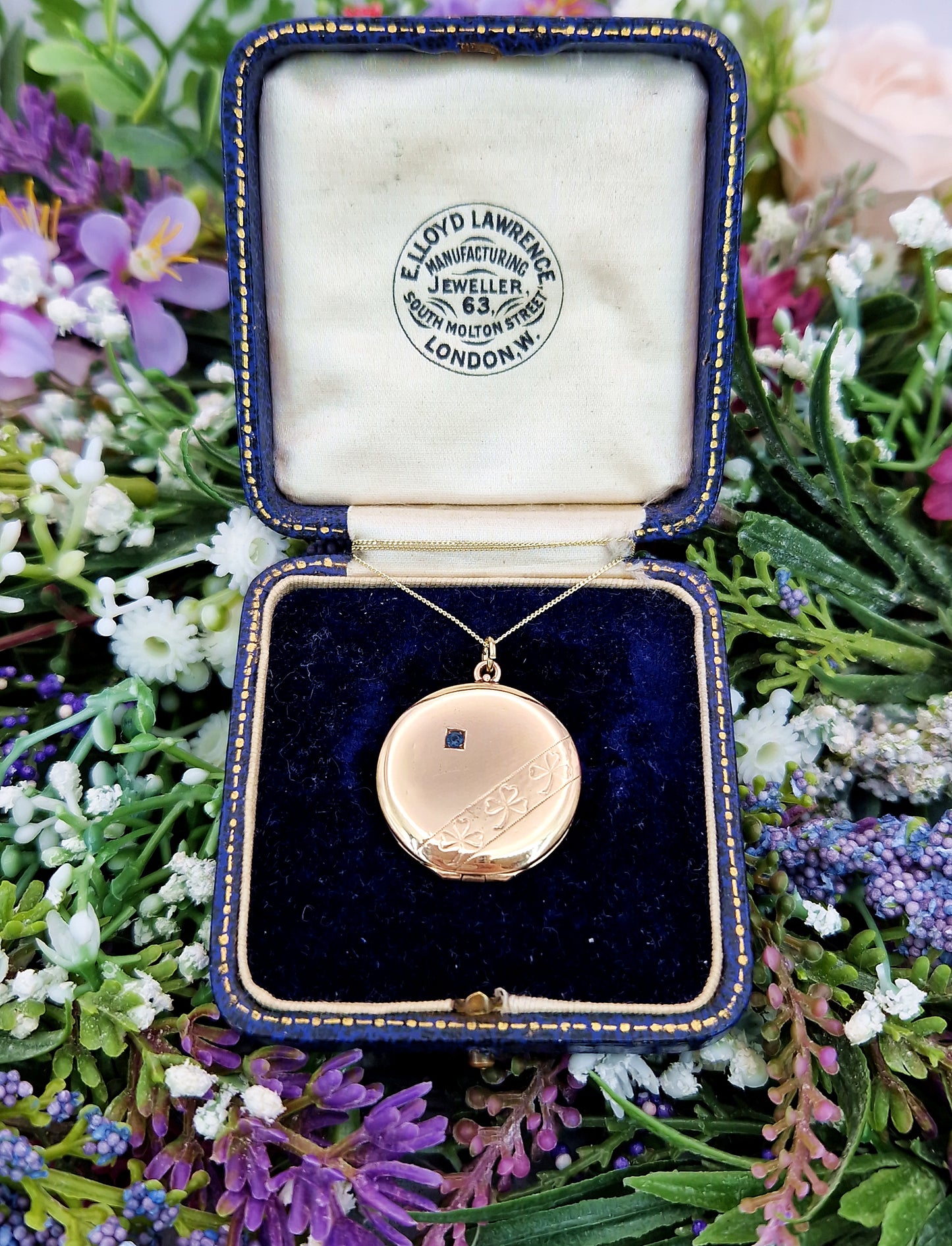 Antique Edwardian Gold Tone Circular Lucky Clover Locket Pendant with Blue Glass