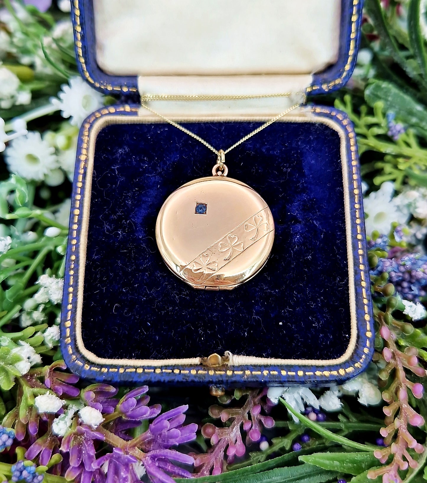 Antique Edwardian Gold Tone Circular Lucky Clover Locket Pendant with Blue Glass