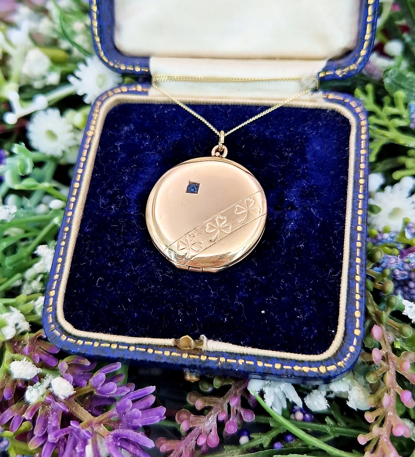Antique Edwardian Gold Tone Circular Lucky Clover Locket Pendant with Blue Glass
