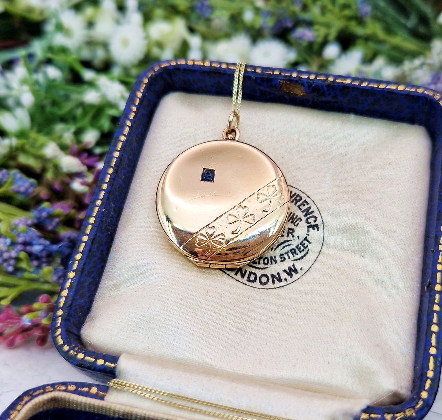Antique Edwardian Gold Tone Circular Lucky Clover Locket Pendant with Blue Glass