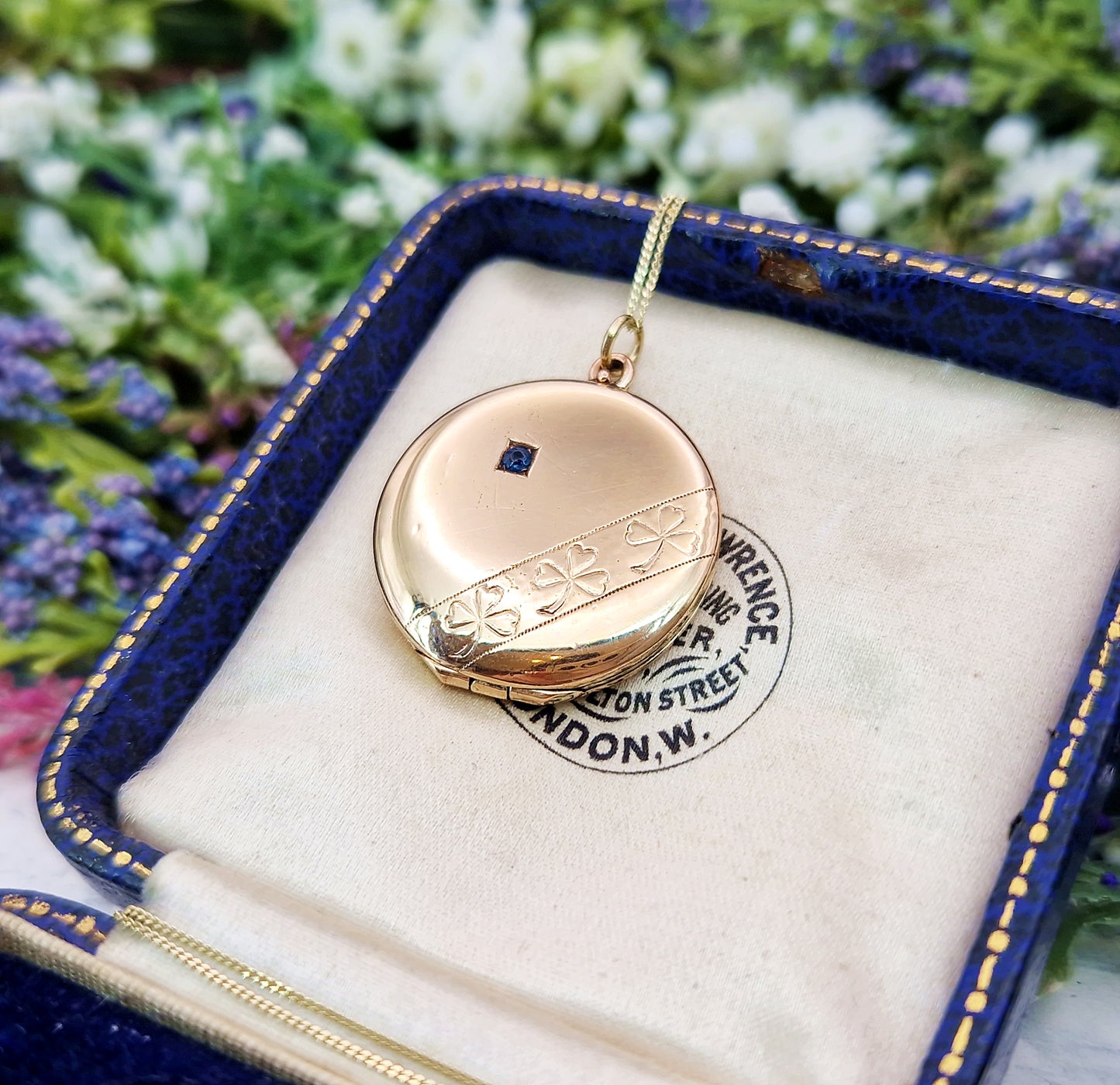 Antique Edwardian Gold Tone Circular Lucky Clover Locket Pendant with Blue Glass