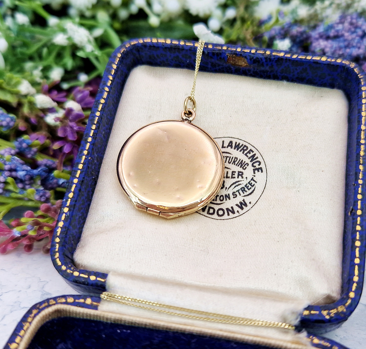Antique Edwardian Gold Tone Circular Lucky Clover Locket Pendant with Blue Glass