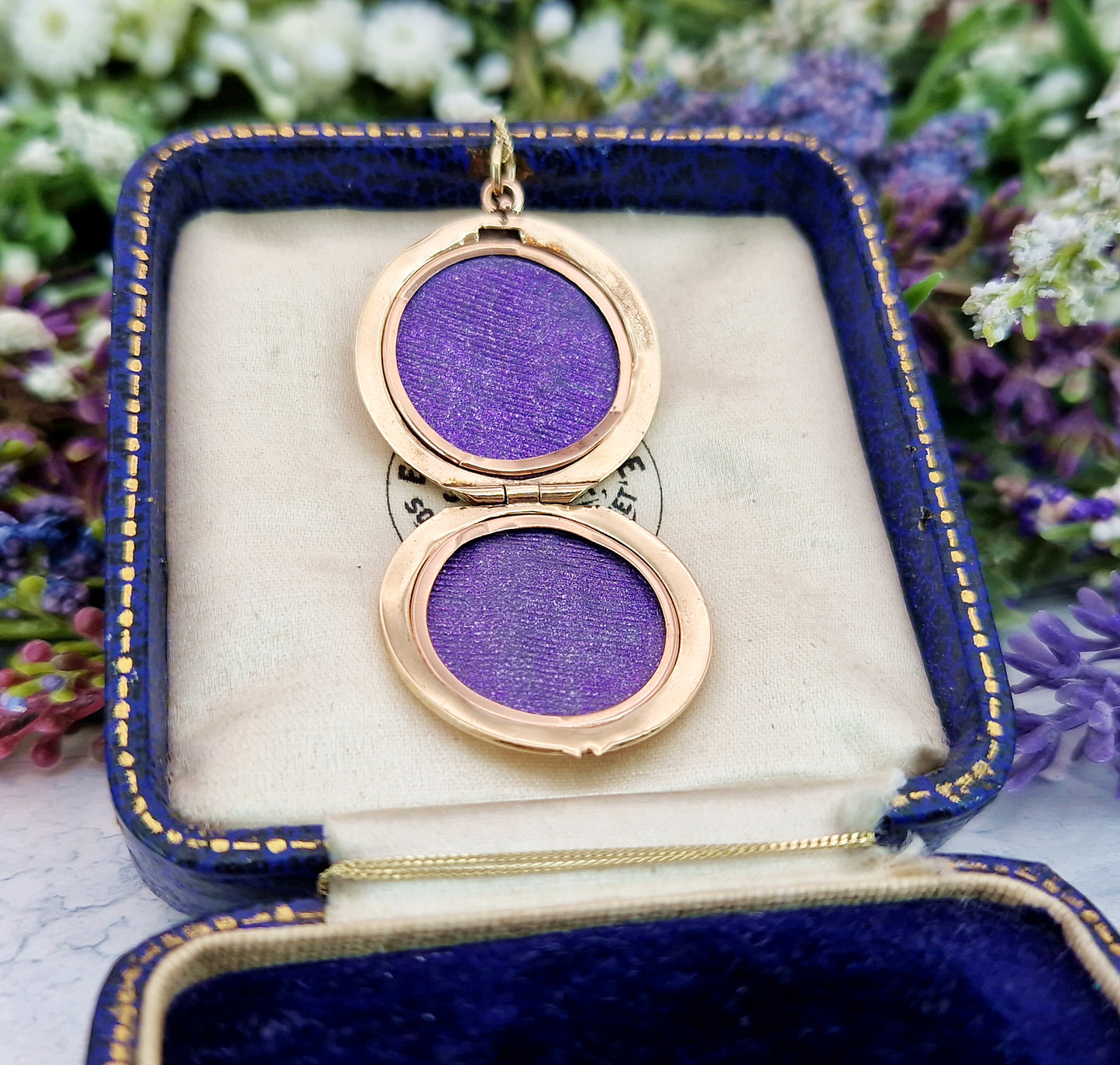 Antique Edwardian Gold Tone Circular Lucky Clover Locket Pendant with Blue Glass