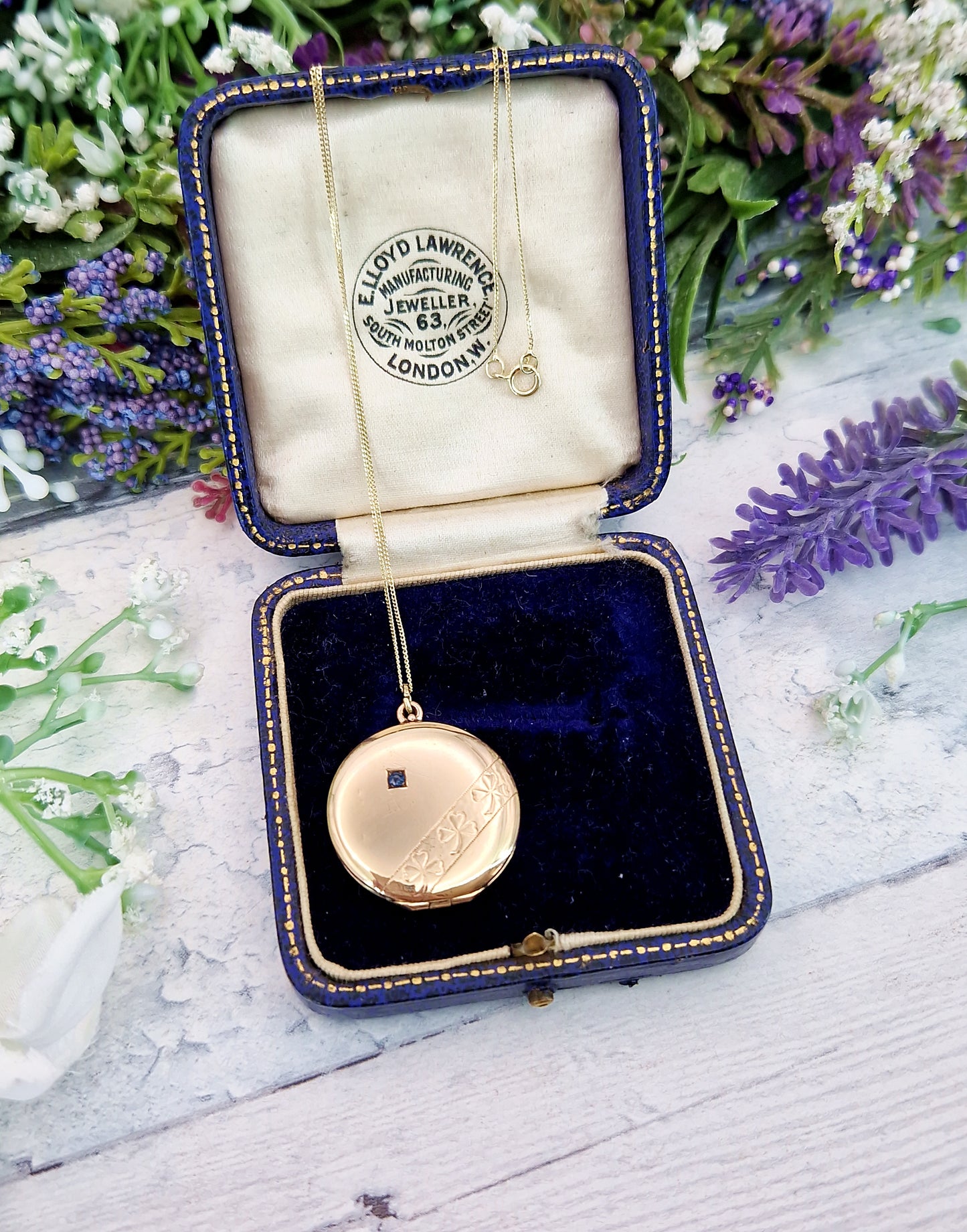 Antique Edwardian Gold Tone Circular Lucky Clover Locket Pendant with Blue Glass