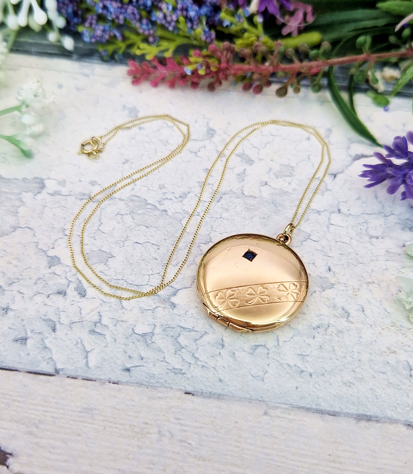 Antique Edwardian Gold Tone Circular Lucky Clover Locket Pendant with Blue Glass