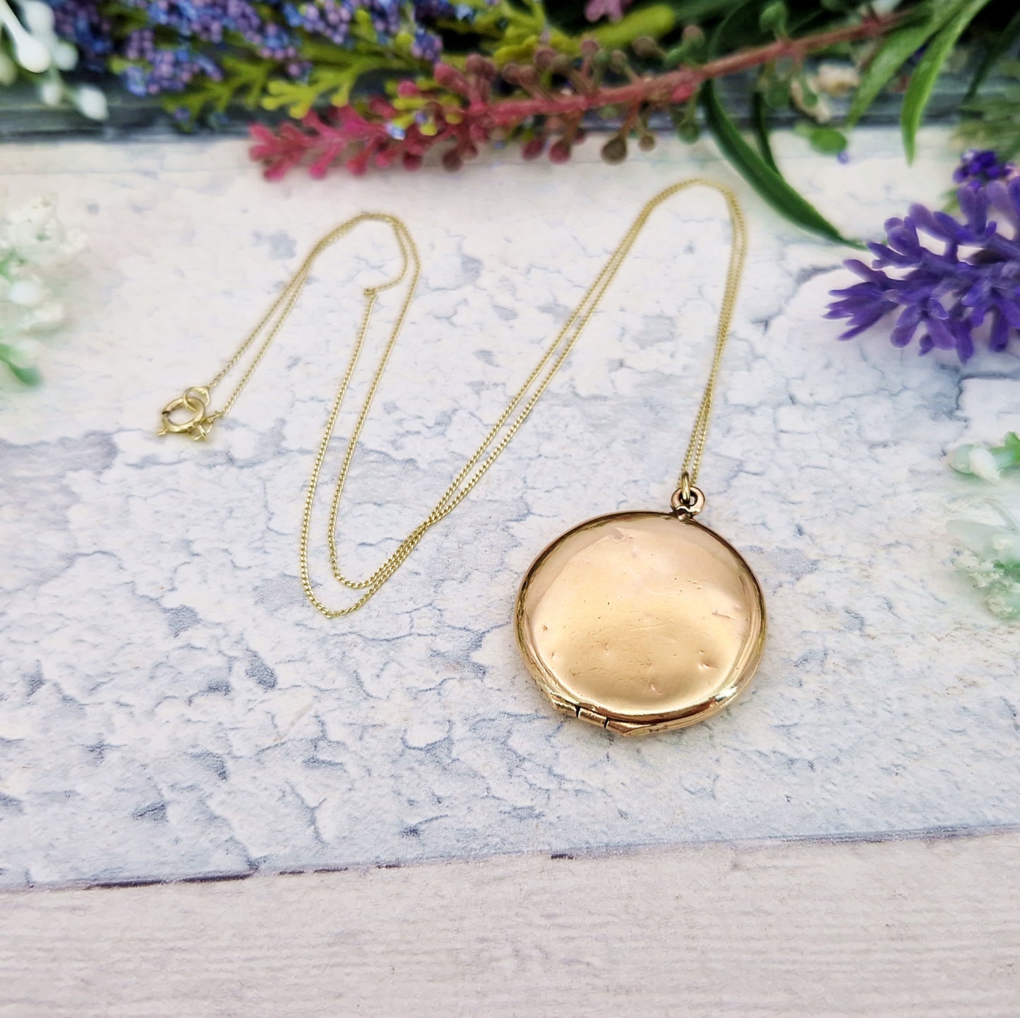 Antique Edwardian Gold Tone Circular Lucky Clover Locket Pendant with Blue Glass