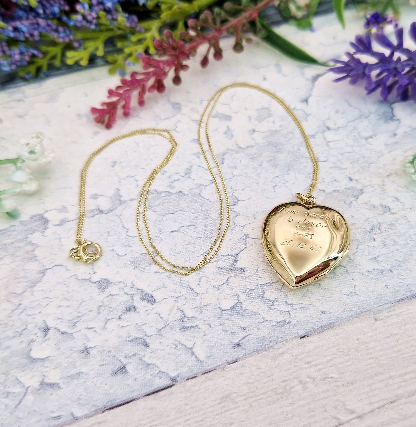 Vintage Mid Century 9ct Yellow Gold Engraved Sunburst Love Heart Locket Pendant