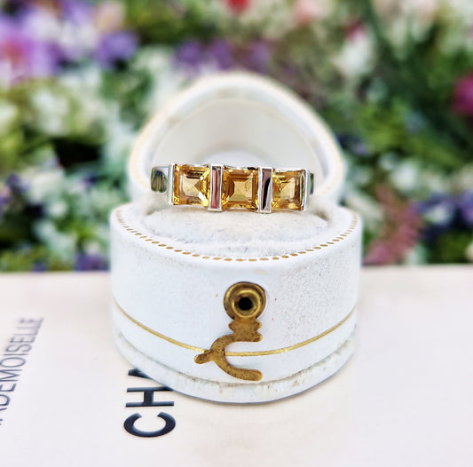 Vintage Sterling Silver Sunset Yellow Citrine Gemstone Band Ring / Size K or 5.5