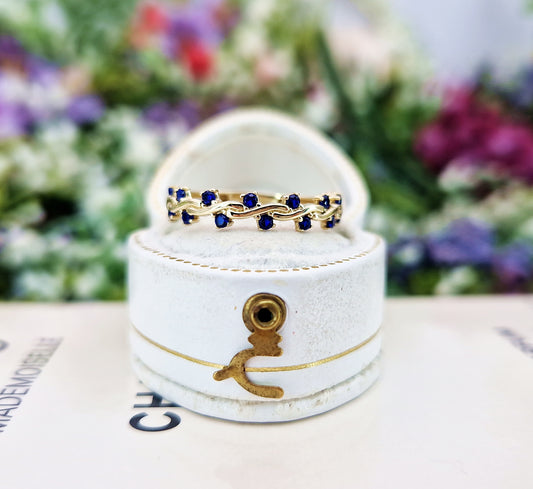Vintage 9ct Gold Sapphire Winding Vine Half Eternity Band Ring / Size M or 6.5