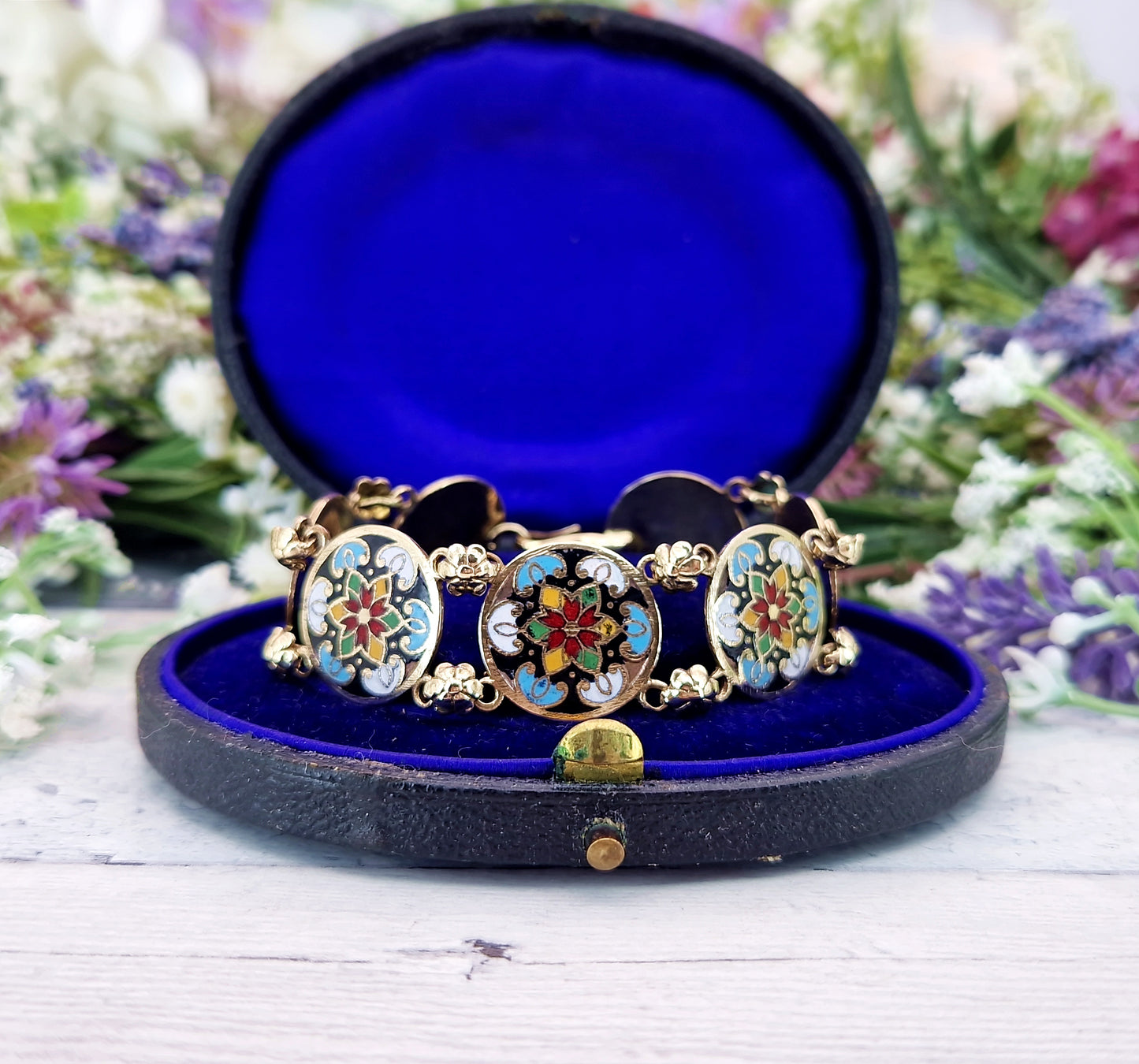 Vintage 1930's Gold Tone Ornate Colourful Detailed Enamel Floral Panel Bracelet