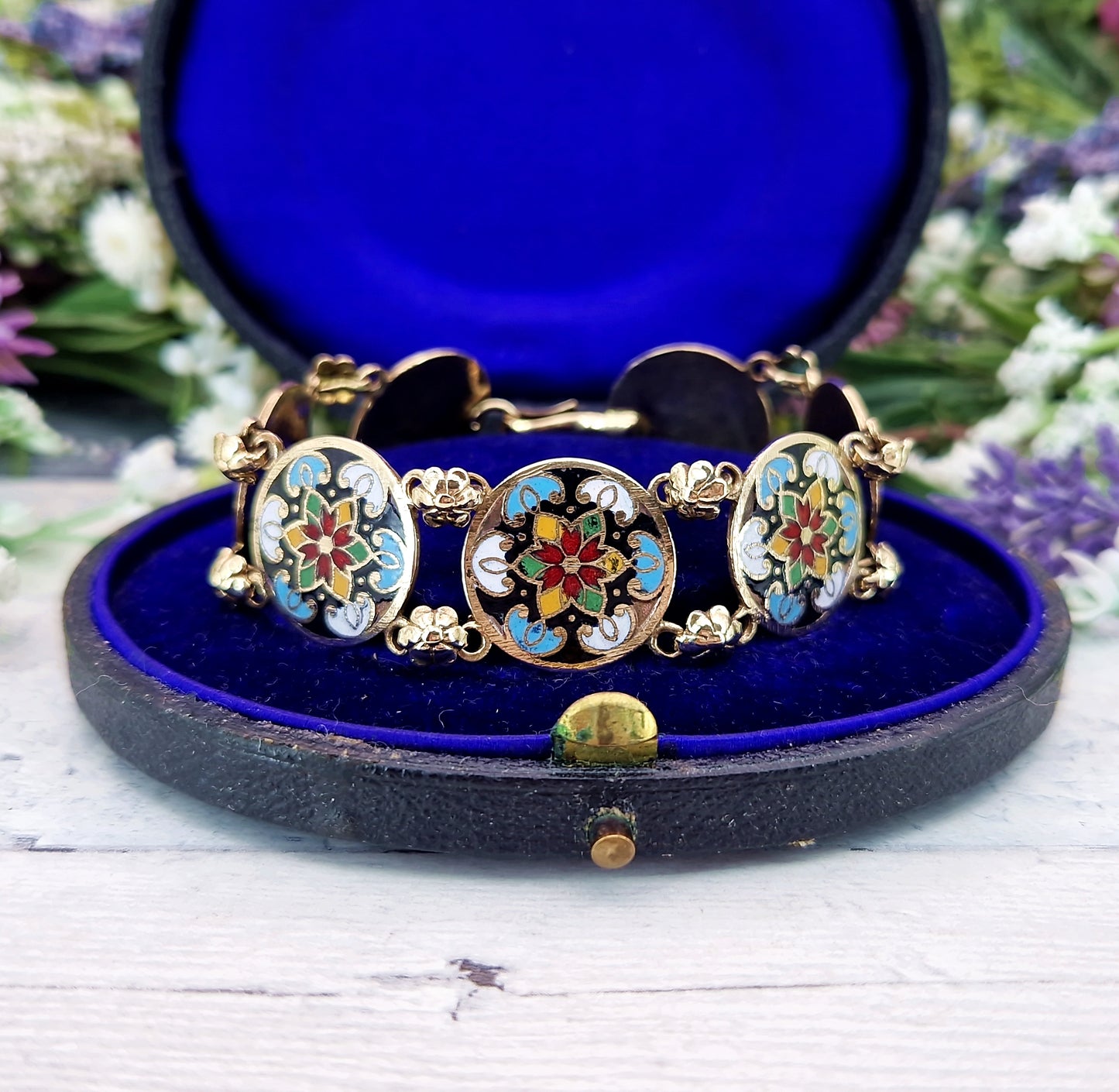 Vintage 1930's Gold Tone Ornate Colourful Detailed Enamel Floral Panel Bracelet