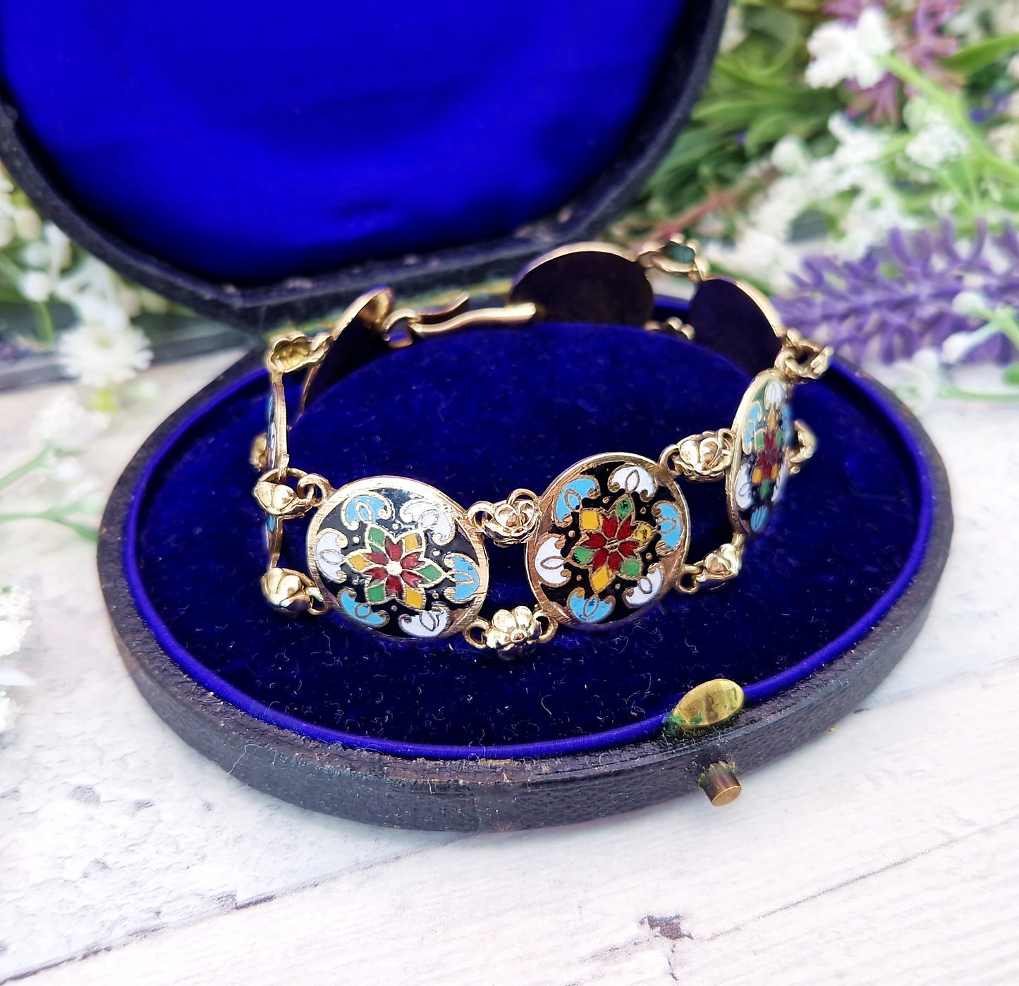 Vintage 1930's Gold Tone Ornate Colourful Detailed Enamel Floral Panel Bracelet