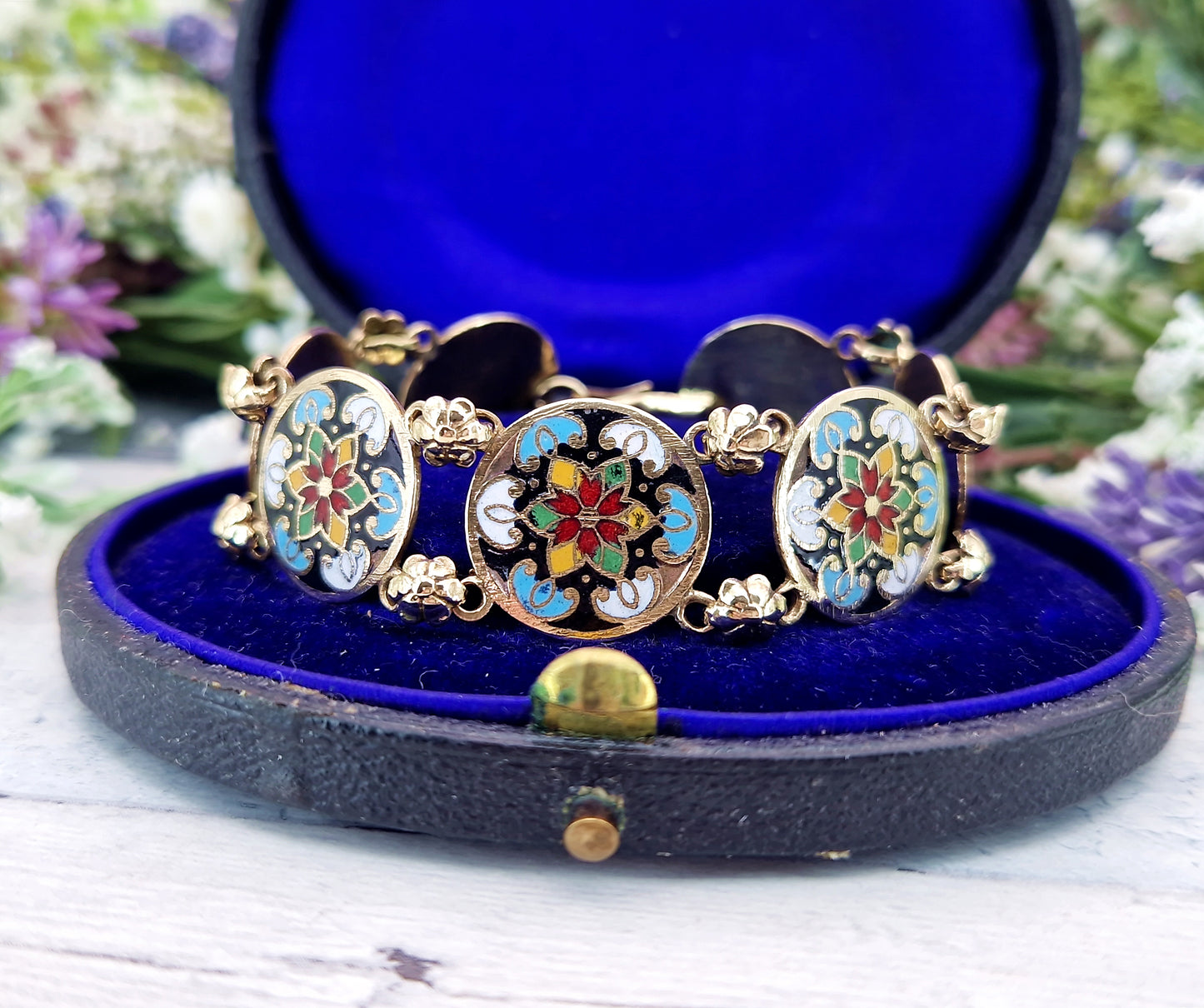 Vintage 1930's Gold Tone Ornate Colourful Detailed Enamel Floral Panel Bracelet