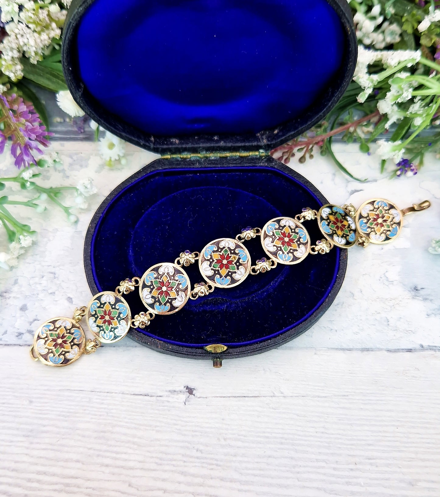 Vintage 1930's Gold Tone Ornate Colourful Detailed Enamel Floral Panel Bracelet
