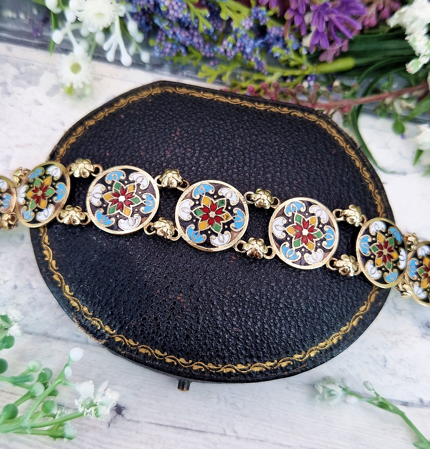 Vintage 1930's Gold Tone Ornate Colourful Detailed Enamel Floral Panel Bracelet