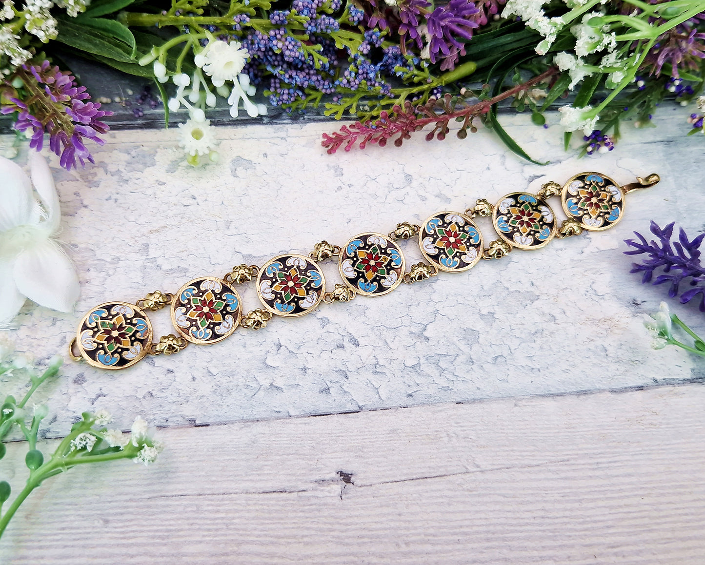 Vintage 1930's Gold Tone Ornate Colourful Detailed Enamel Floral Panel Bracelet