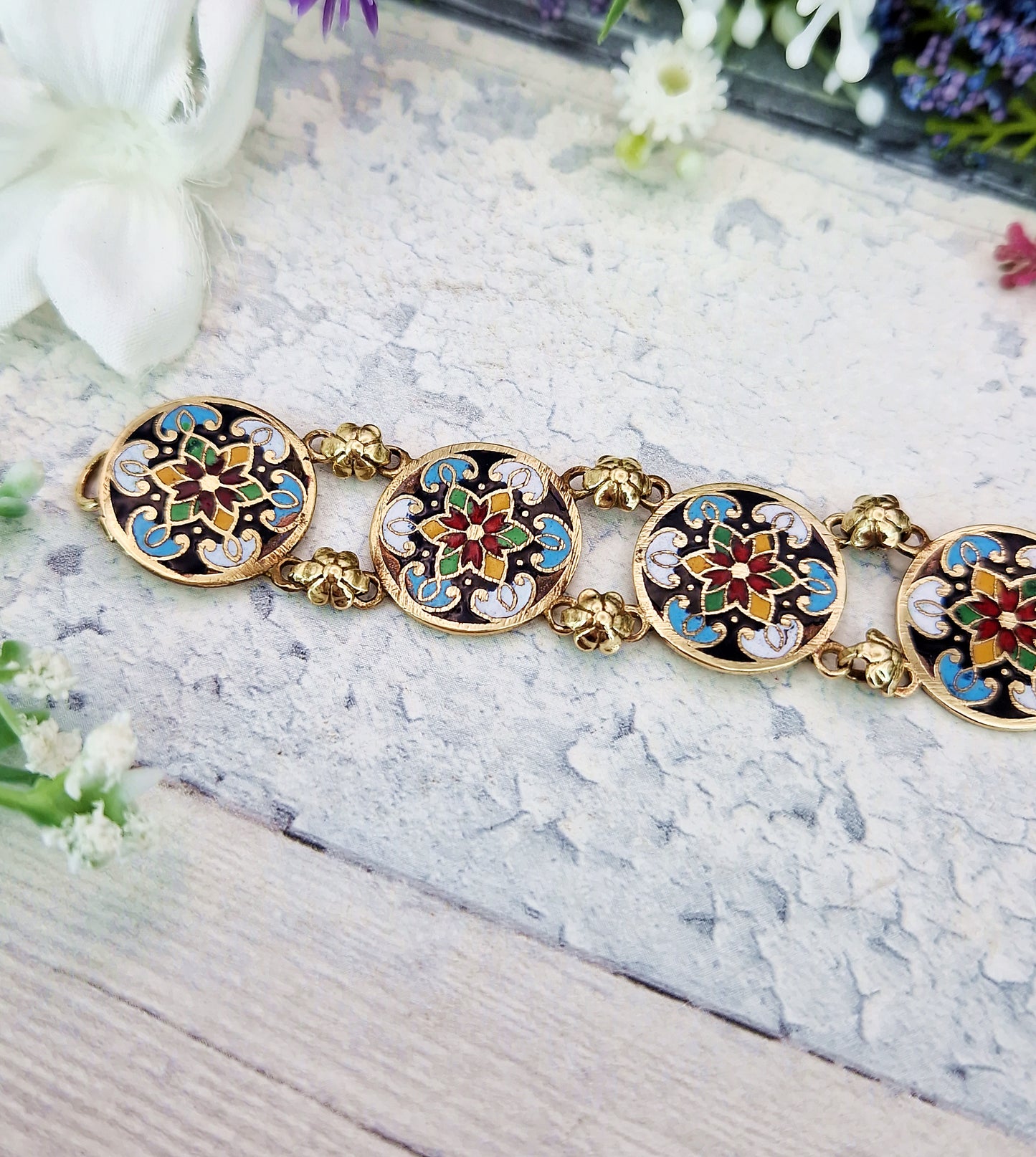 Vintage 1930's Gold Tone Ornate Colourful Detailed Enamel Floral Panel Bracelet