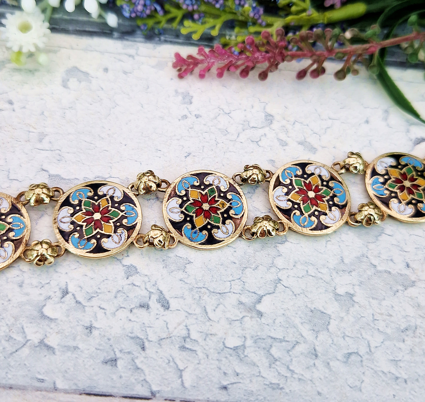 Vintage 1930's Gold Tone Ornate Colourful Detailed Enamel Floral Panel Bracelet