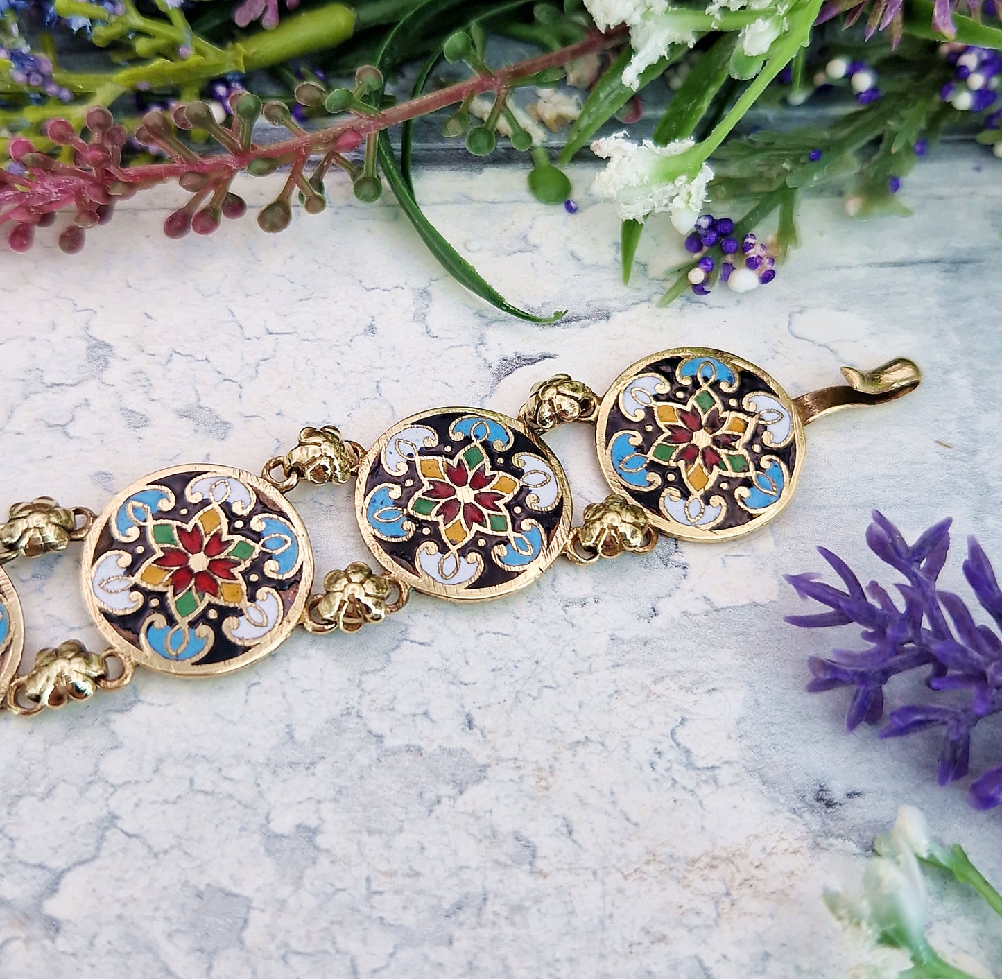 Vintage 1930's Gold Tone Ornate Colourful Detailed Enamel Floral Panel Bracelet