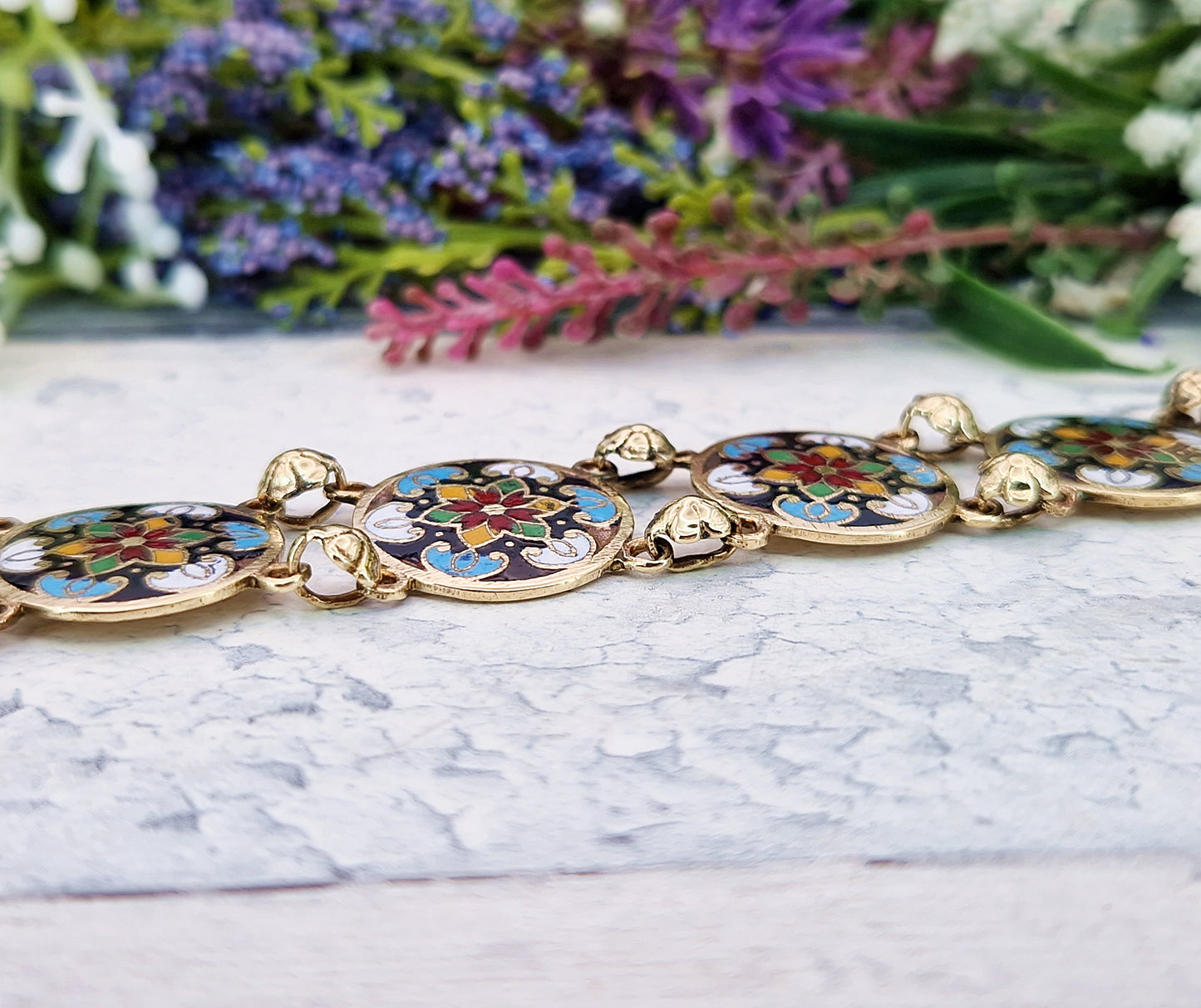 Vintage 1930's Gold Tone Ornate Colourful Detailed Enamel Floral Panel Bracelet