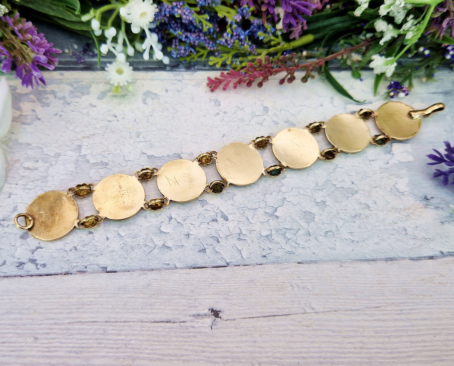 Vintage 1930's Gold Tone Ornate Colourful Detailed Enamel Floral Panel Bracelet