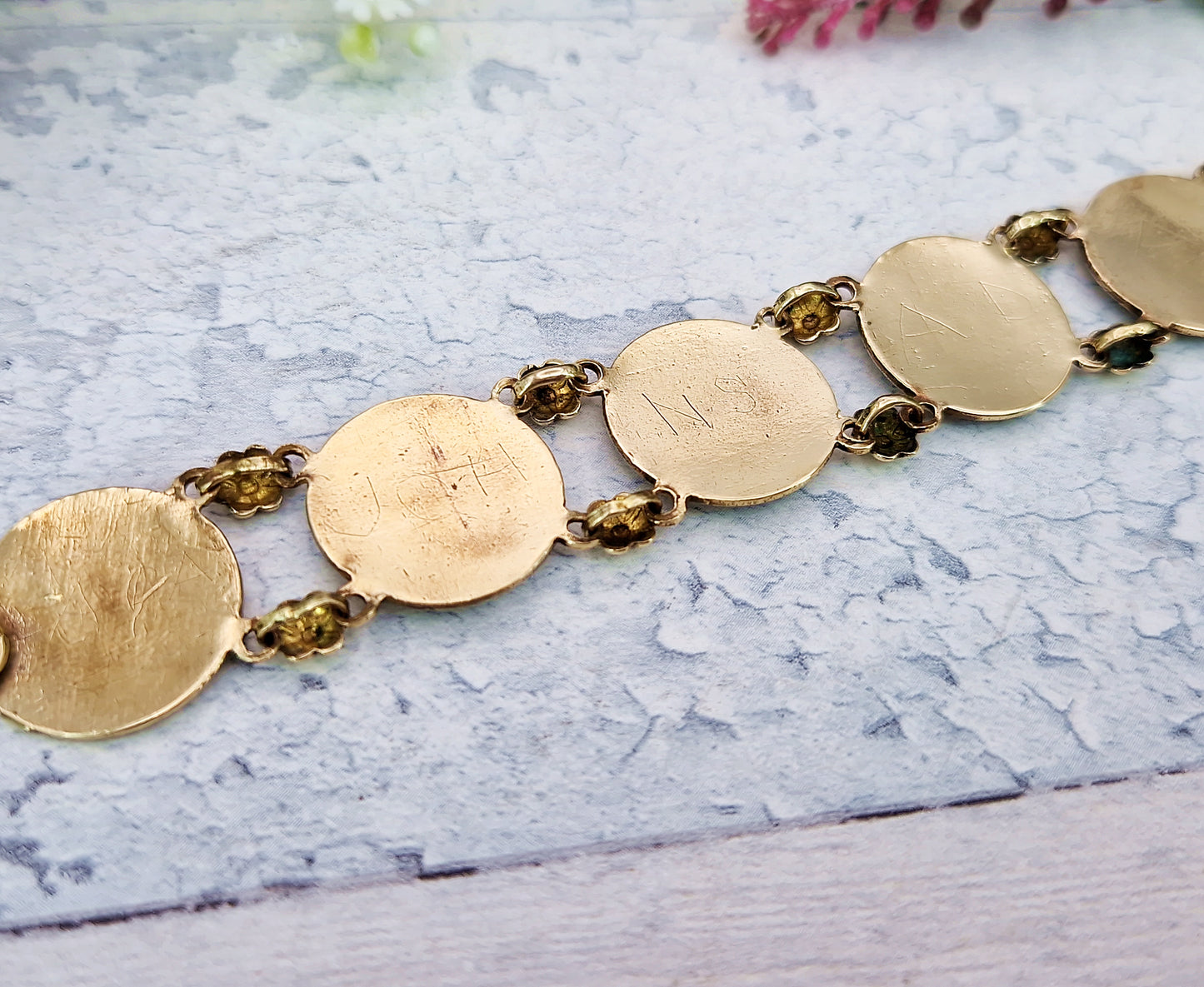 Vintage 1930's Gold Tone Ornate Colourful Detailed Enamel Floral Panel Bracelet