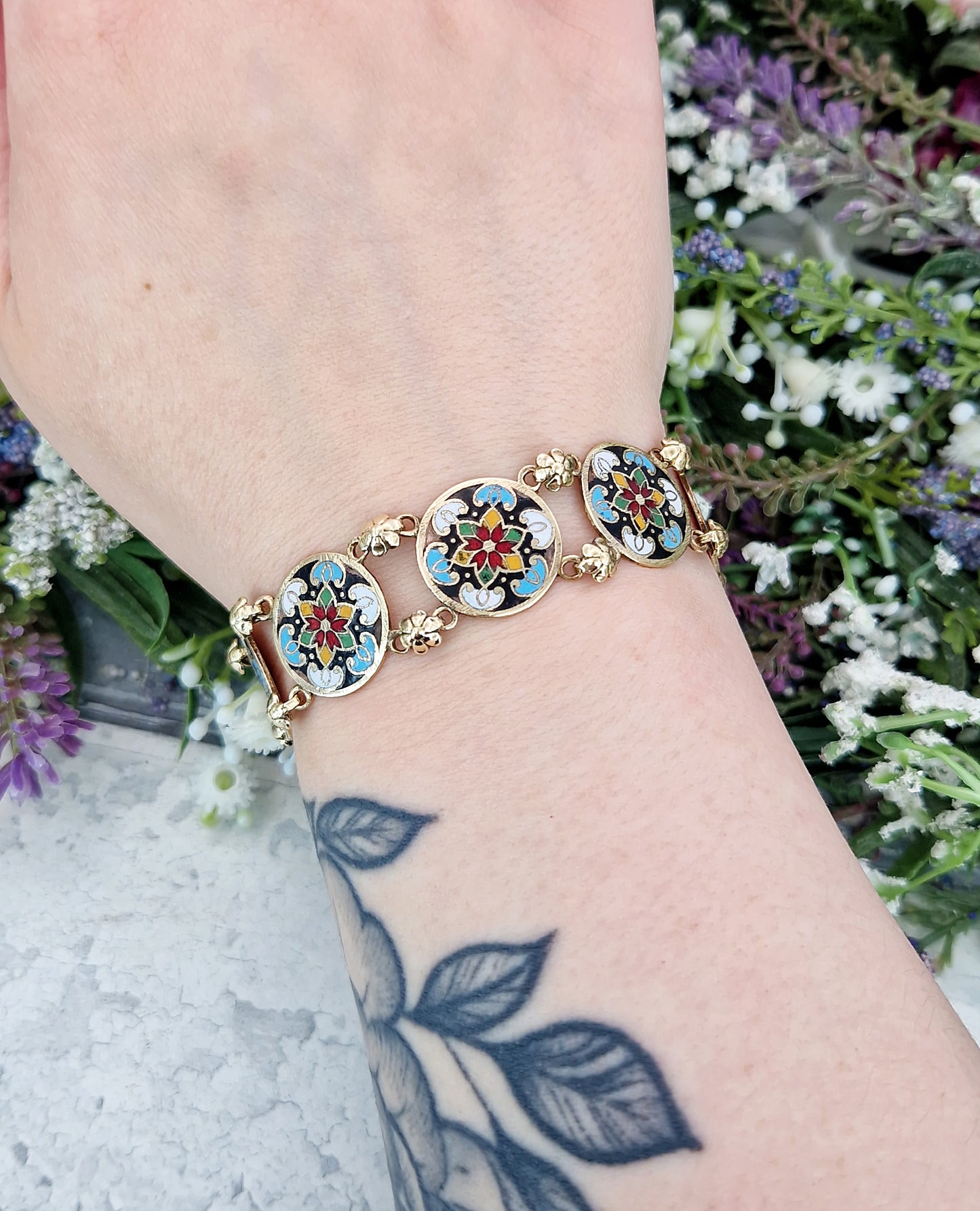 Vintage 1930's Gold Tone Ornate Colourful Detailed Enamel Floral Panel Bracelet