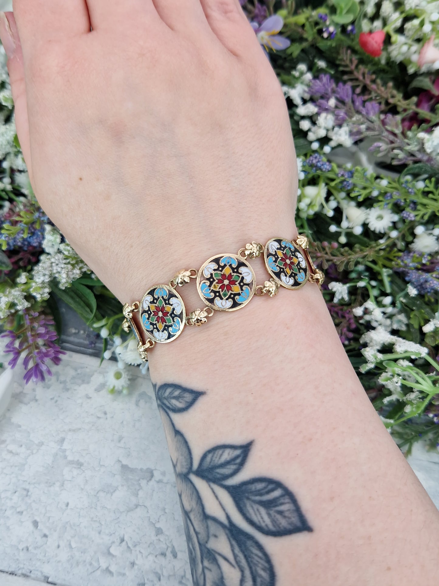 Vintage 1930's Gold Tone Ornate Colourful Detailed Enamel Floral Panel Bracelet