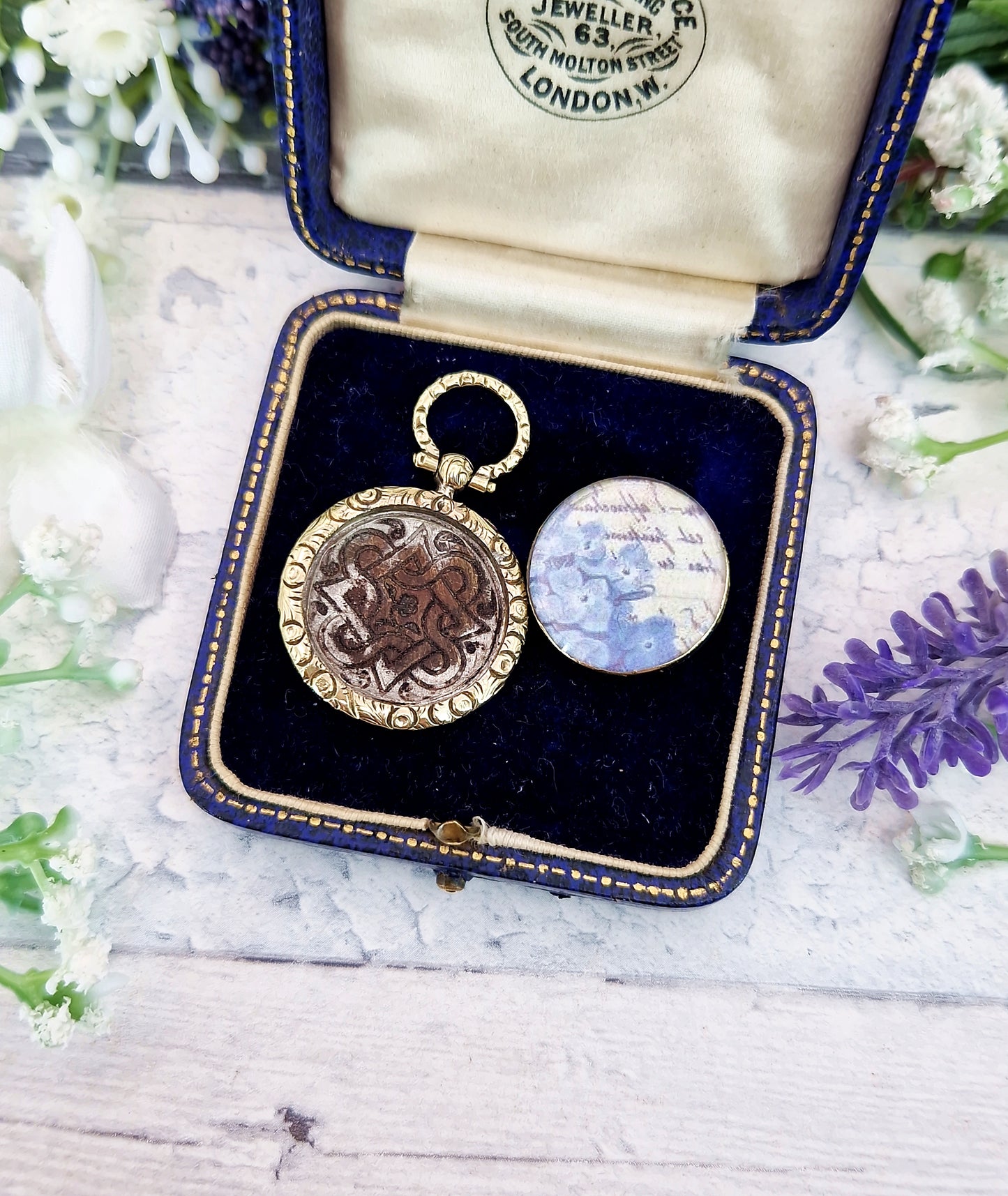 Antique Victorian Gold Tone Celtic Pattern Blue White and Black Enamel Locket Pendant