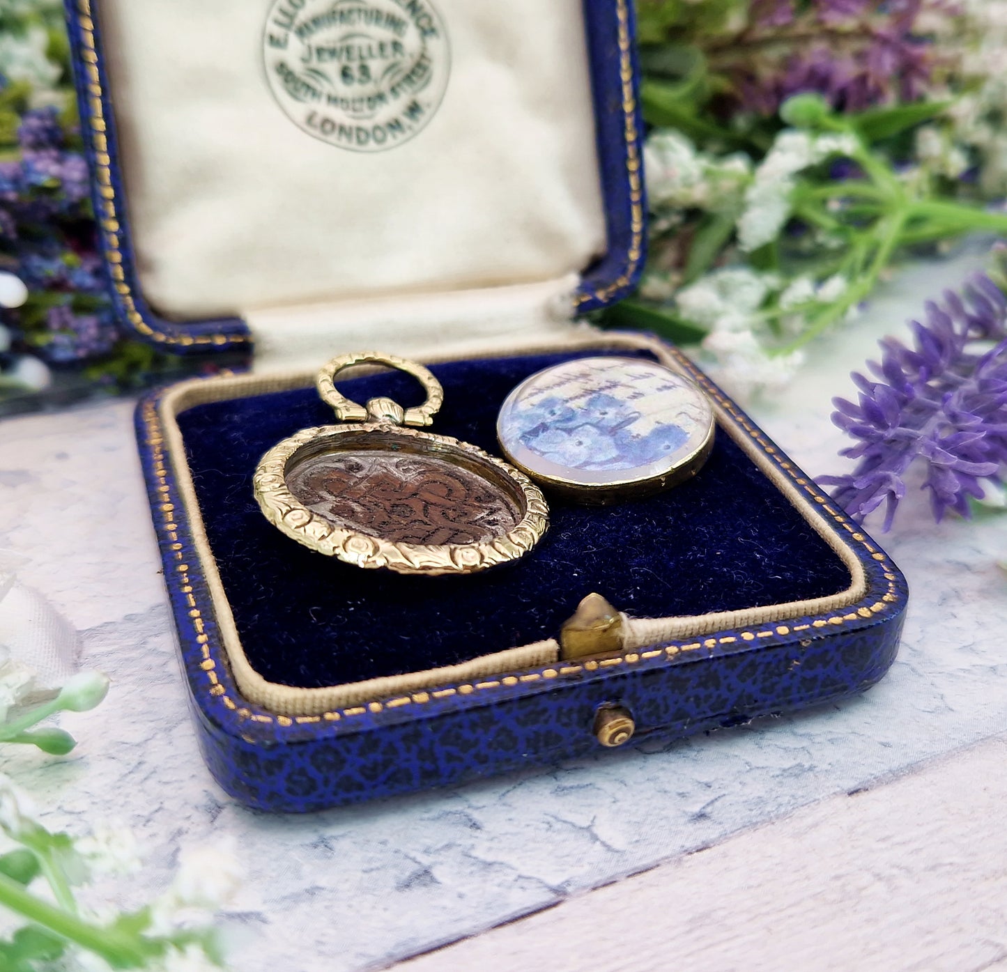 Antique Victorian Gold Tone Celtic Pattern Blue White and Black Enamel Locket Pendant