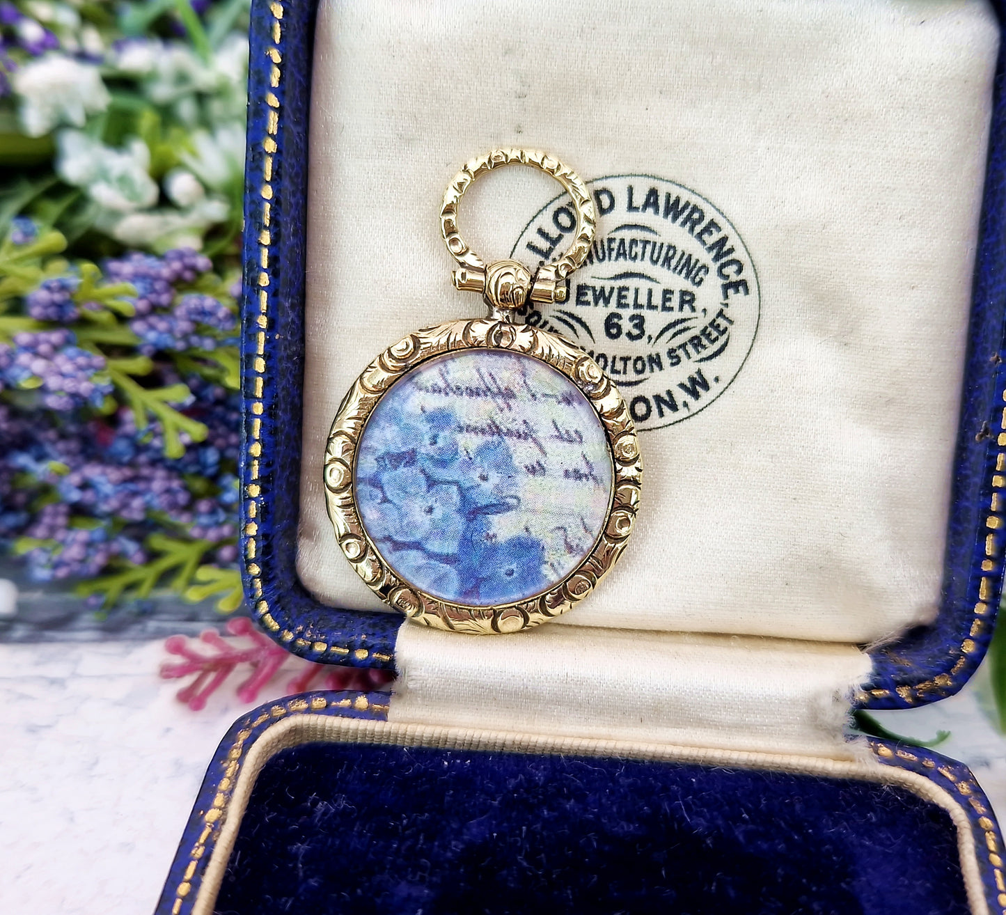 Antique Victorian Gold Tone Celtic Pattern Blue White and Black Enamel Locket Pendant