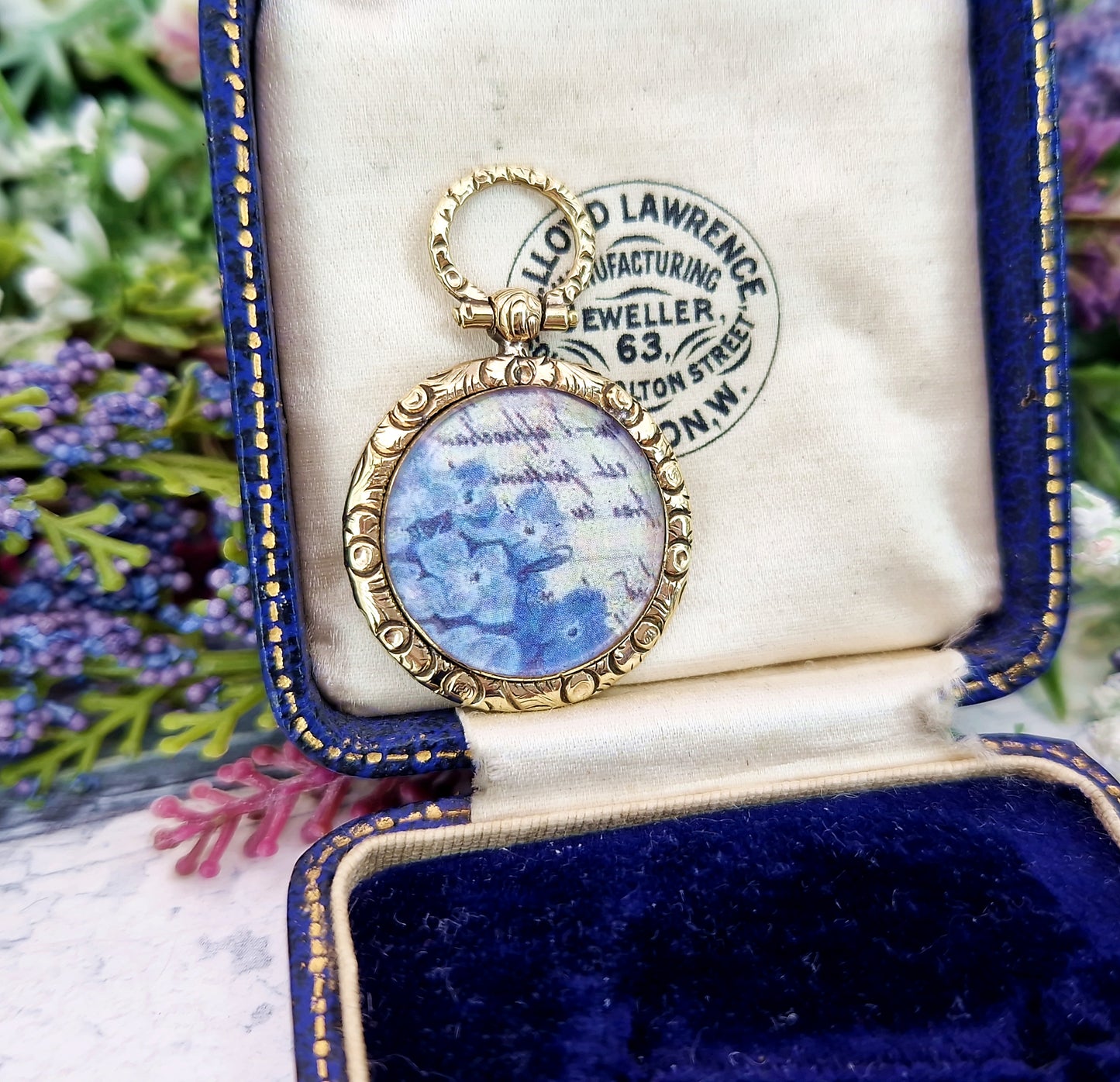Antique Victorian Gold Tone Celtic Pattern Blue White and Black Enamel Locket Pendant