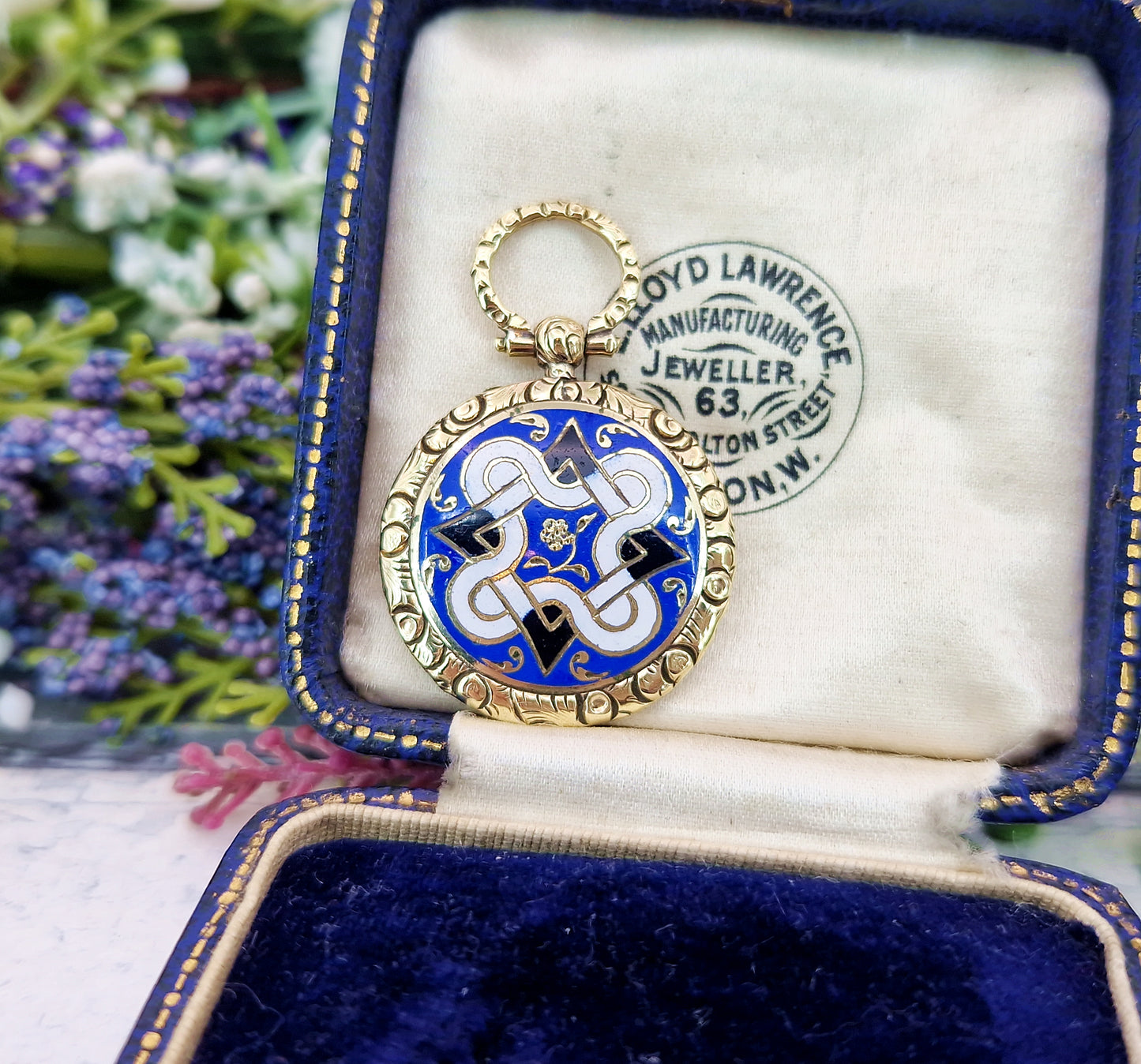 Antique Victorian Gold Tone Celtic Pattern Blue White and Black Enamel Locket Pendant