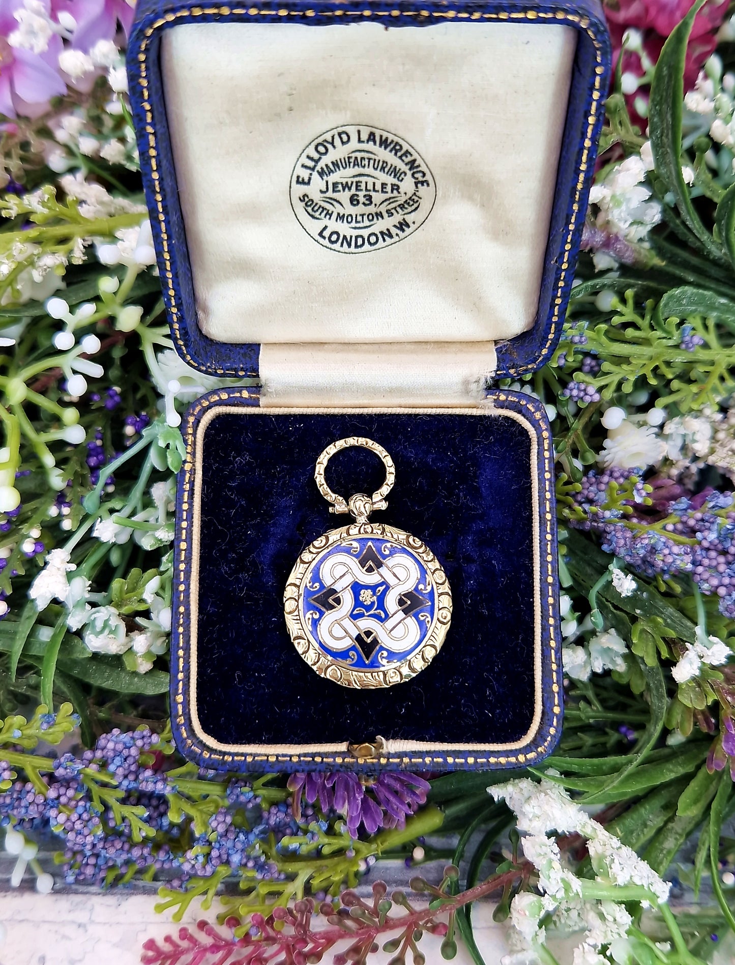 Antique Victorian Gold Tone Celtic Pattern Blue White and Black Enamel Locket Pendant
